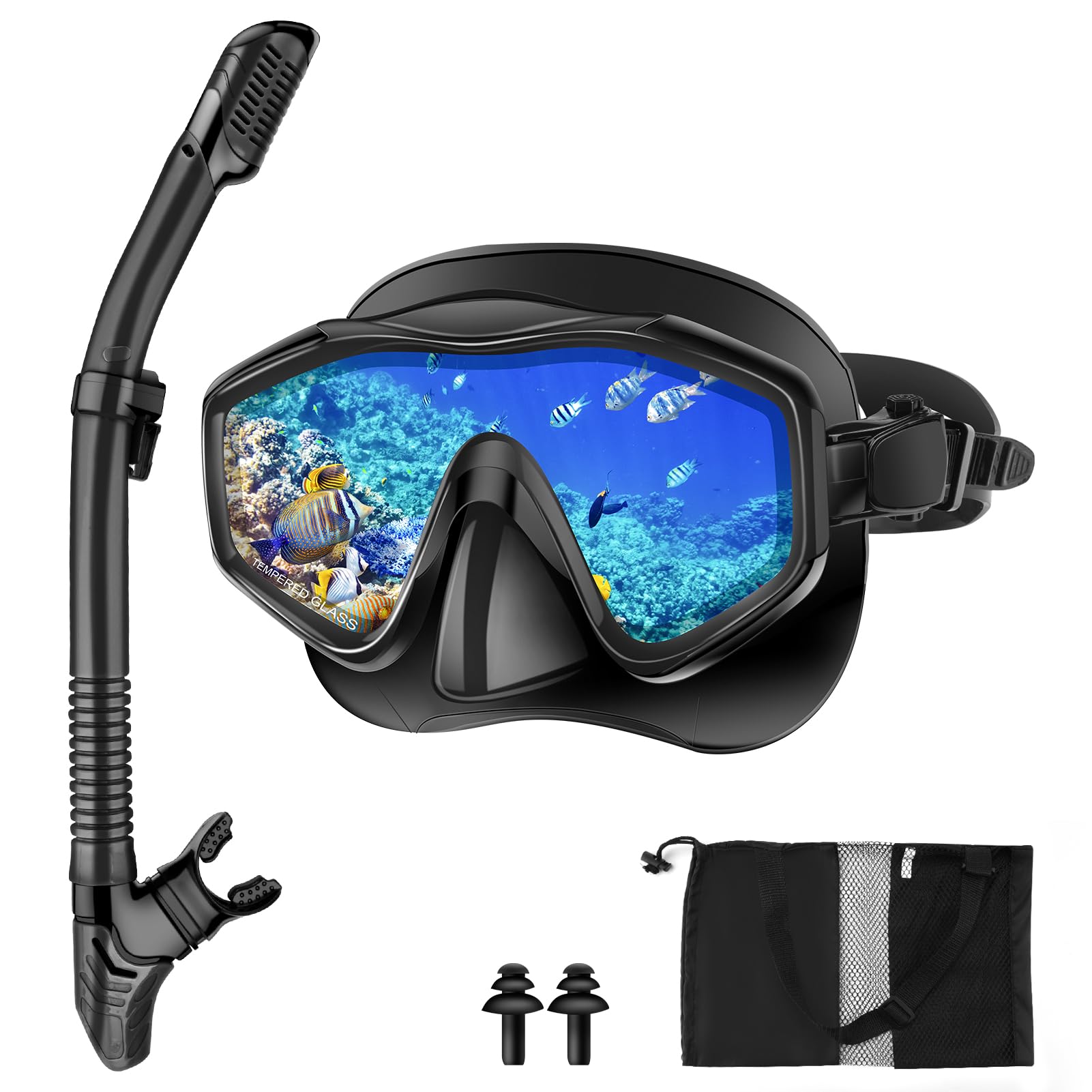Snorkel Set Adults, with Anti-Fog Panoramic View Snorkel Mask Made of Tempered Glass and Anti-Leak Dry Snorkel Tube, Diving Snorkeling Set for Adult and Youth