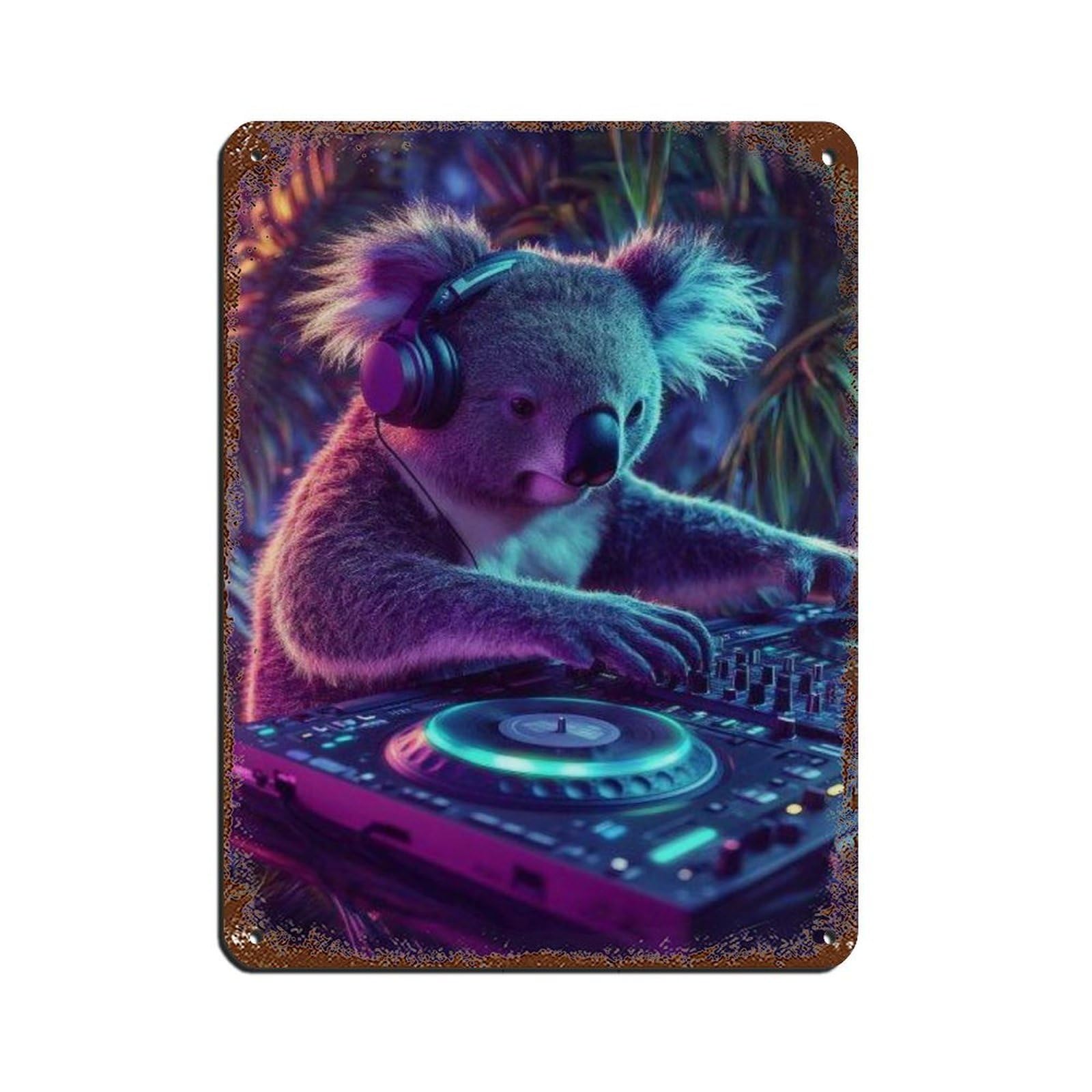 DJ Koala Vibrant Animal DJ Poster Tin Sign Vintage Metal Pub Club Cafe Bar Home Wall Art Decoration Poster Retro 12x16inch(30x40cm)
