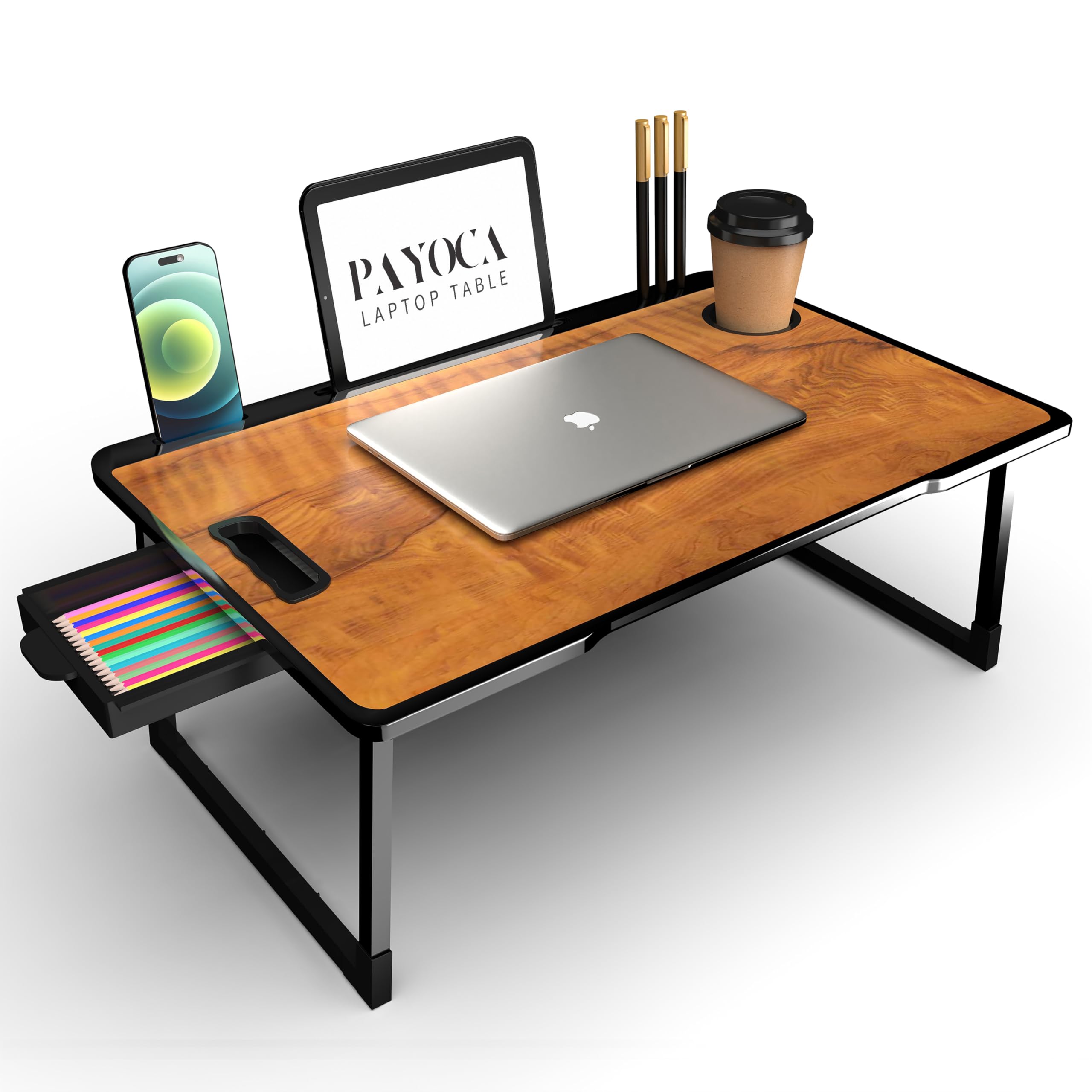 PAYOCA Wooden Mini Laptop Table for Bed, Study Table with Drawer, Tablet/Mobile Holder for Kids & Adults (B COTTED Wood)