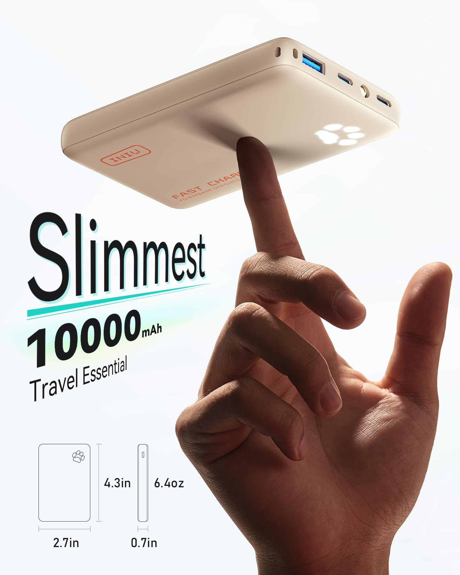 INIU Power Bank, powerbank 45 W, 10 000 mAh, najlżejszy i mały, ale mocny (USB C In& Out), PD3.0 zewnętrzne akumulatory do telefonów komórkowych z lampą błyskową, kompatybilne z iPhone 17 16 15 Pro