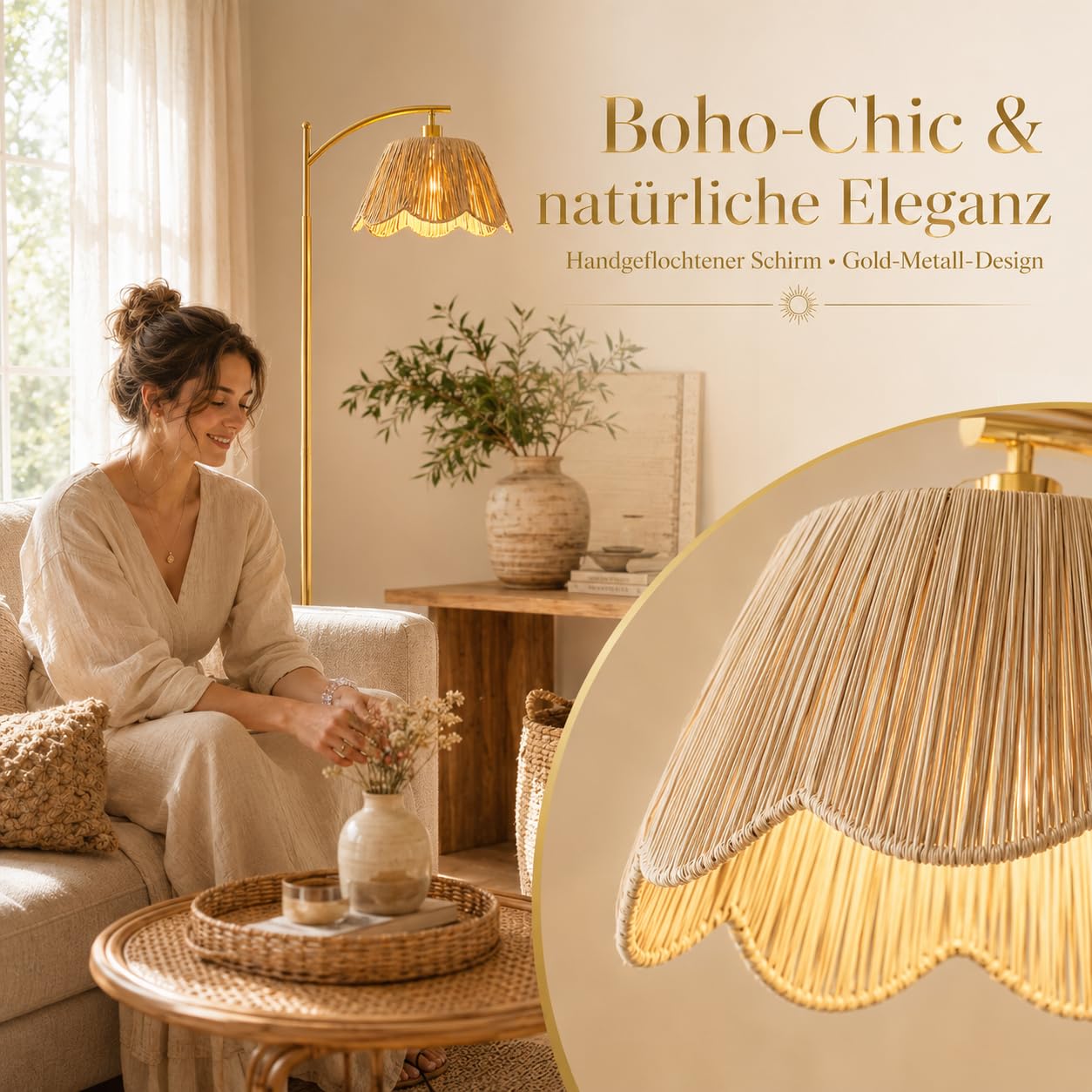 Stehlampe Wohnzimmer Boho, Raffia Lampenschirm in Blütenform, Dimmbar mit Fernbedienung, Timer, 3 Lichtmodi und Speicherfunktion, Gold Bogenlampe Fußschalter für Schlafzimmer & Büro, H170cm