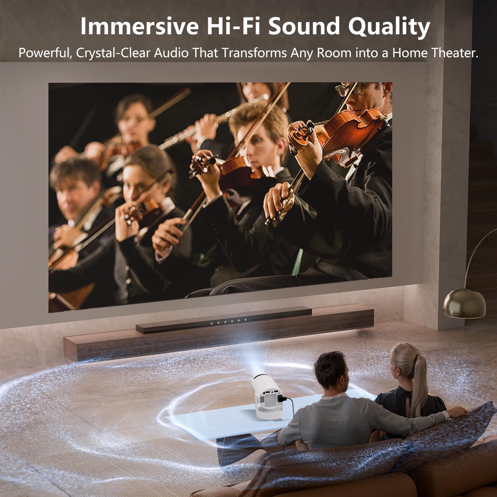 Mini proiettore portatile con supporto 1080P 4K, 20000 lumen, Wi-Fi 6 e Bluetooth 5.0, proiettore Home Cinema girevole a 180° con Keystone verticale automatico e altoparlanti HiFi