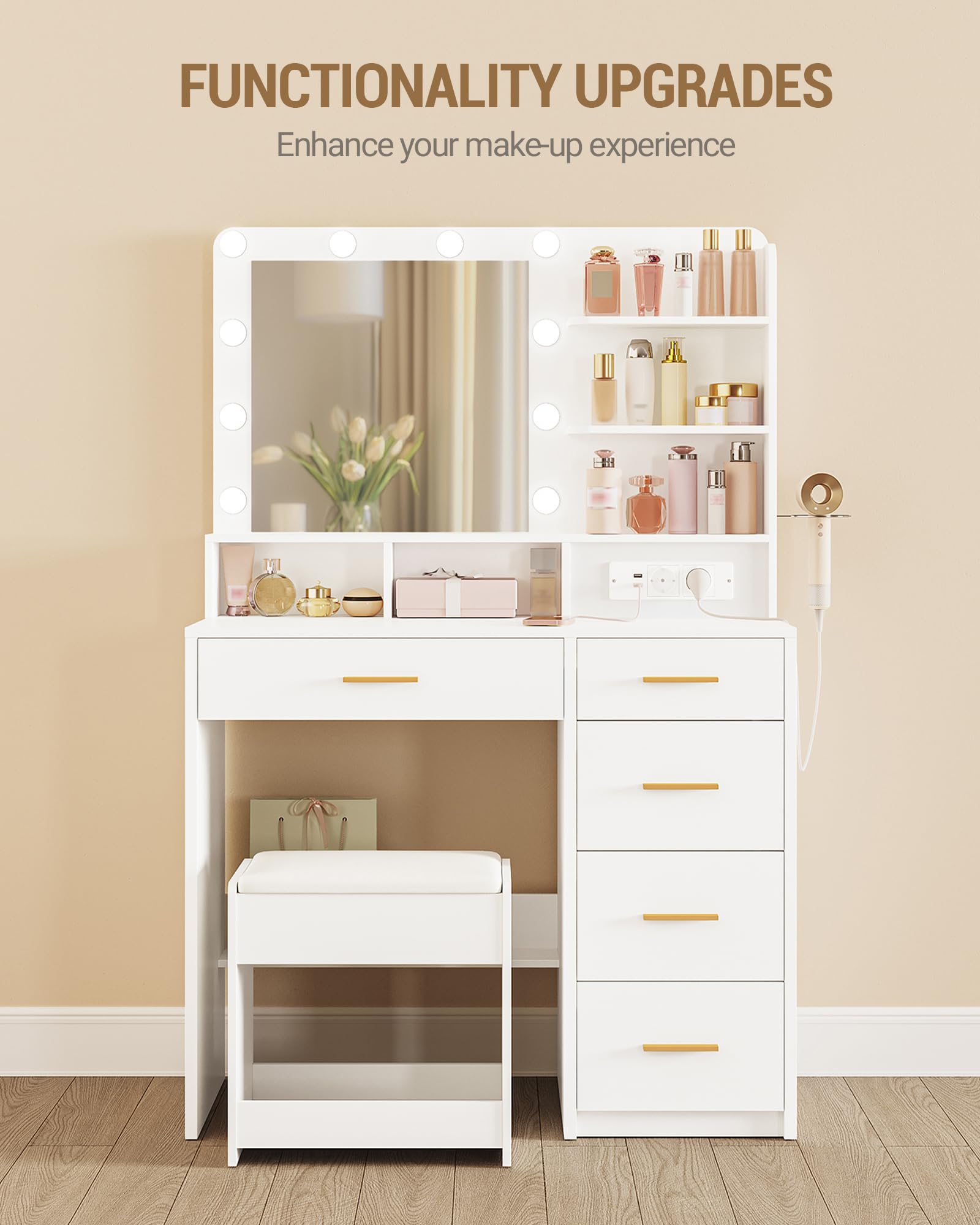 Hzuaneri Coiffeuse avec 10 Globes Lumineux LED, 3 Couleurs, Coiffeuse avec Prise Et Grand Miroir, Tabouret Et Support pour Sèche-Cheveux, Tiroirs Multiples, Blanc DT39003X