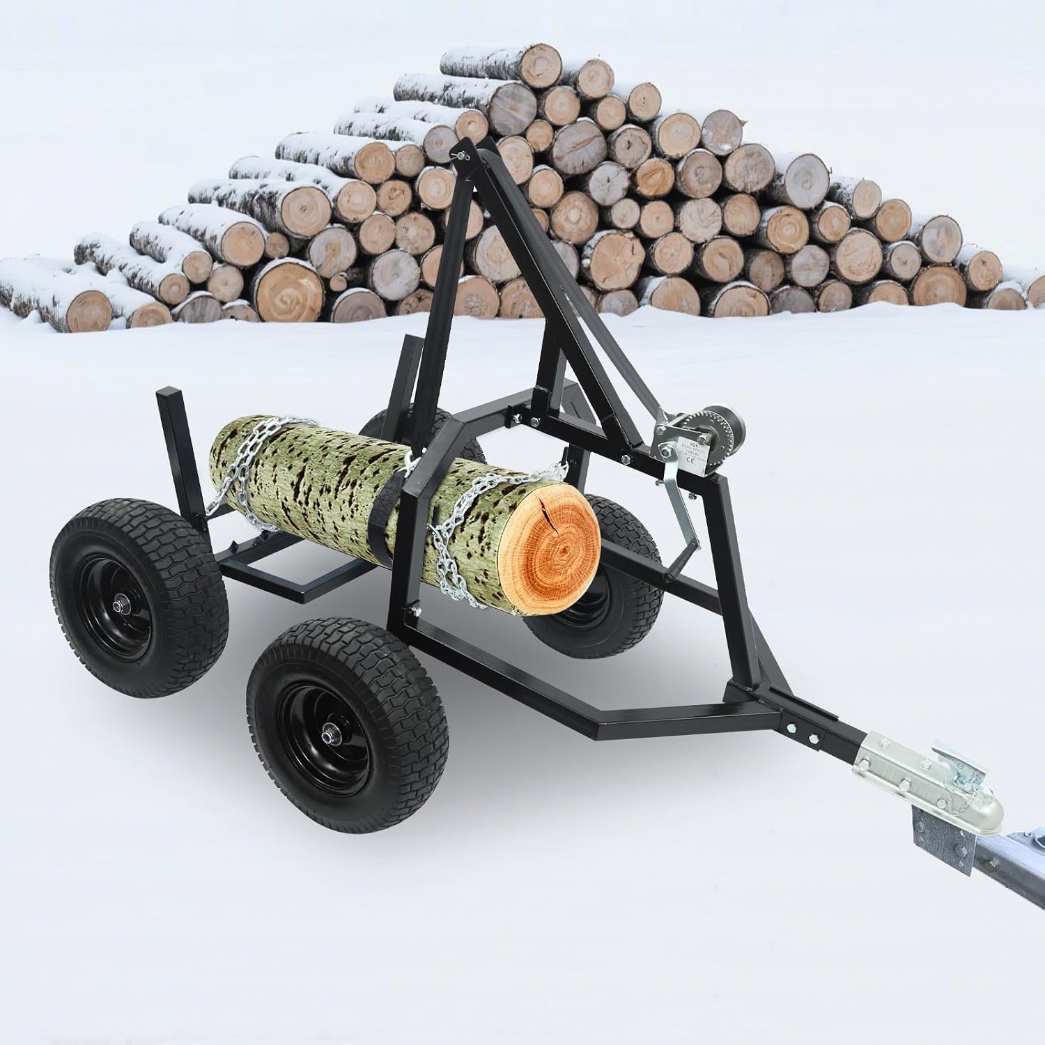 24” ATV Log Skidding Arch 1500 lbs Capacity Heavy-Duty Log Trailer with Manual Winch & Choker Chains, Fits ATV, 4 x 16-Inch Pneumatic Tires for Farm, Forestry & Off-Road Timber Transport (Black)