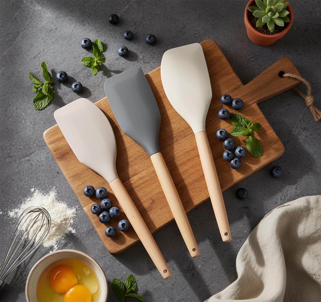 Deconox Bambu Saplı Silikon Dar Sıyırma Spatulası, Bambu Uzun Silikon Dar Spatula 27cm 3 Renk Seçenekli (KREM)