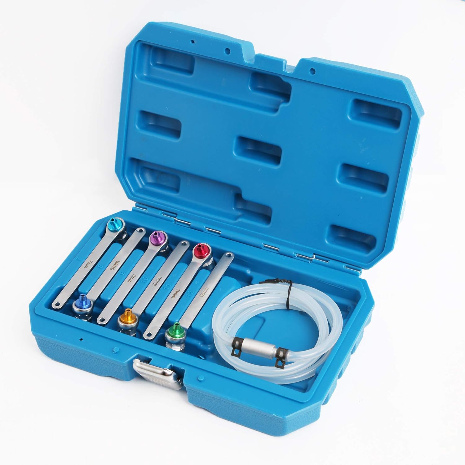 WINTOOLS 7, 8, 9, 10, 11, 12mm Brake Fluid Clutch Bleeder Hose with 12 Point Wrench and Check Valve