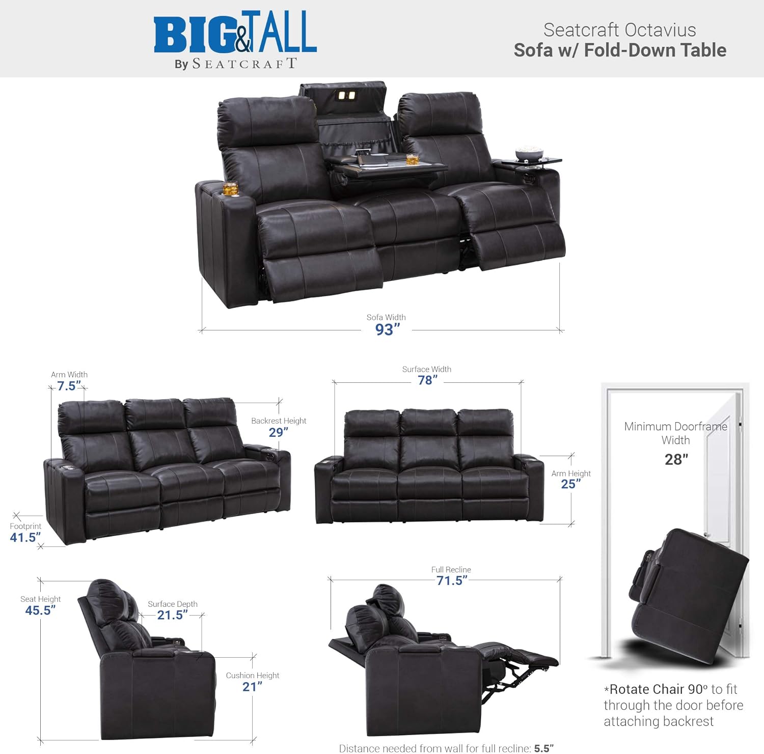 Seatcraft Octavius Big & Tall Home Theater Seating, Living Room, Italian Leather, Power Recline, Powered Headrests, USB Charging, Cup Holders (Sofa with Fold Down Table, Brown)