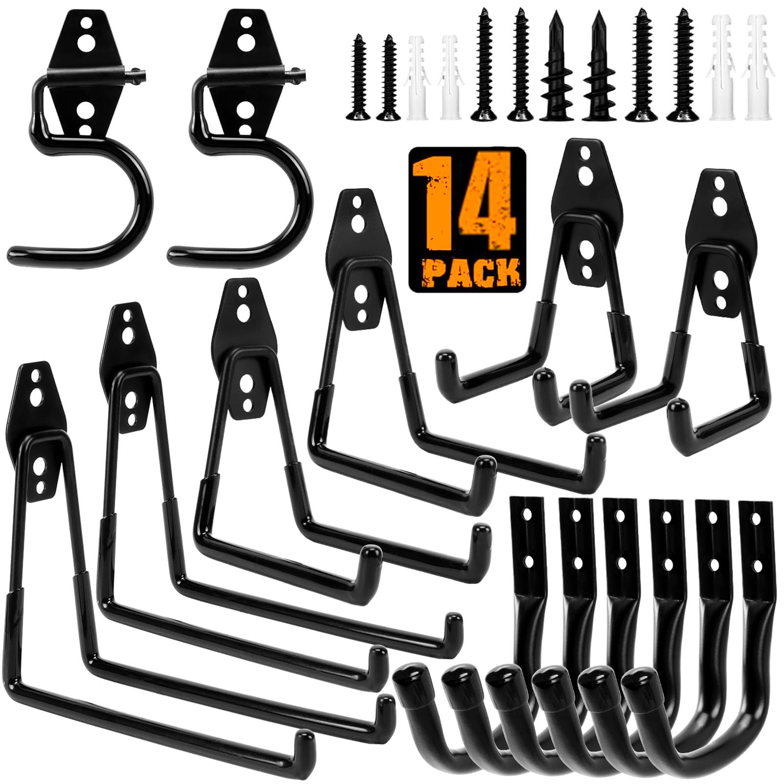 TocTen Garage Hooks, 14 Pack Garage Storage Hook Heavy Duty Solid Steel Wall Hooks, Wall Mount Storage Hook Kit with Anti-Slip Coating Ladder Hooks