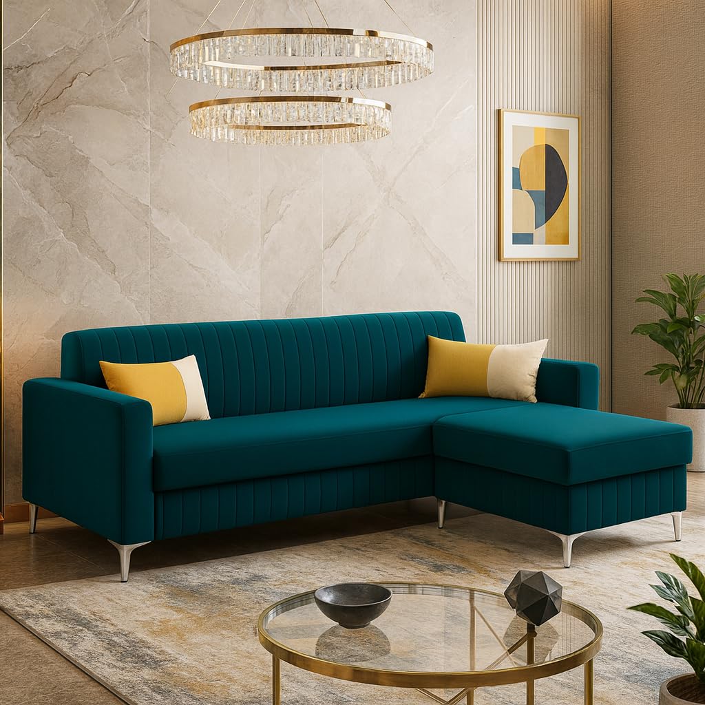 Anton 3 Seater Modular L Shape Sofa Set with Ottoman | Soft Velvet Suede Fabric | Modern Design | Plush Comfort Cushions for Living Room (Greenish Teal)