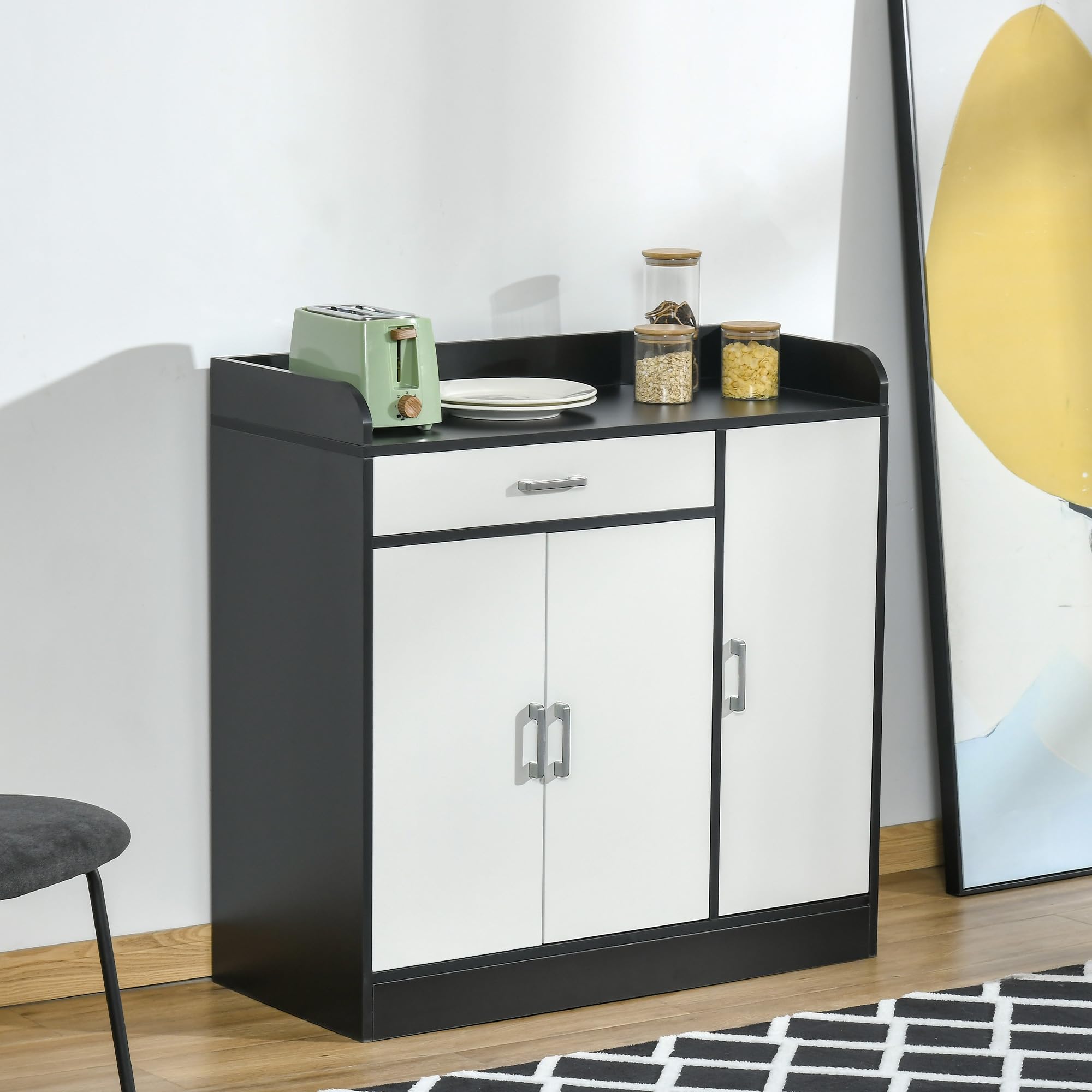 HOMCOM Mobiletto da Cucina Moderno in MDF con 2 Armadietti, 1 Cassetto e Ripiani Regolabili, 90x40x90 cm, Bianco e Nero