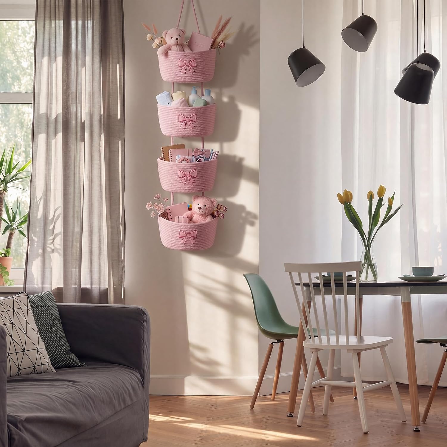 Vesici Pink over The Door Hanging Basket 4-tier Bow Woven Cotton Wall-mounted Storage Organizer Bag Decorative Hanging Bedroom Baskets