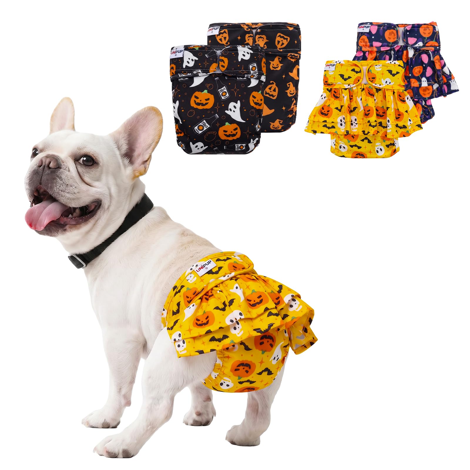 UNIPUP Halloween Female Dog Diapers Reusable No Tail Hole Period Panties Washable Diapers for Docked-Tail Frenchie French Bulldog Boston Terrier Without Tail (2 Pack Regular+2 Pack Skirts) U-WWDQB08S