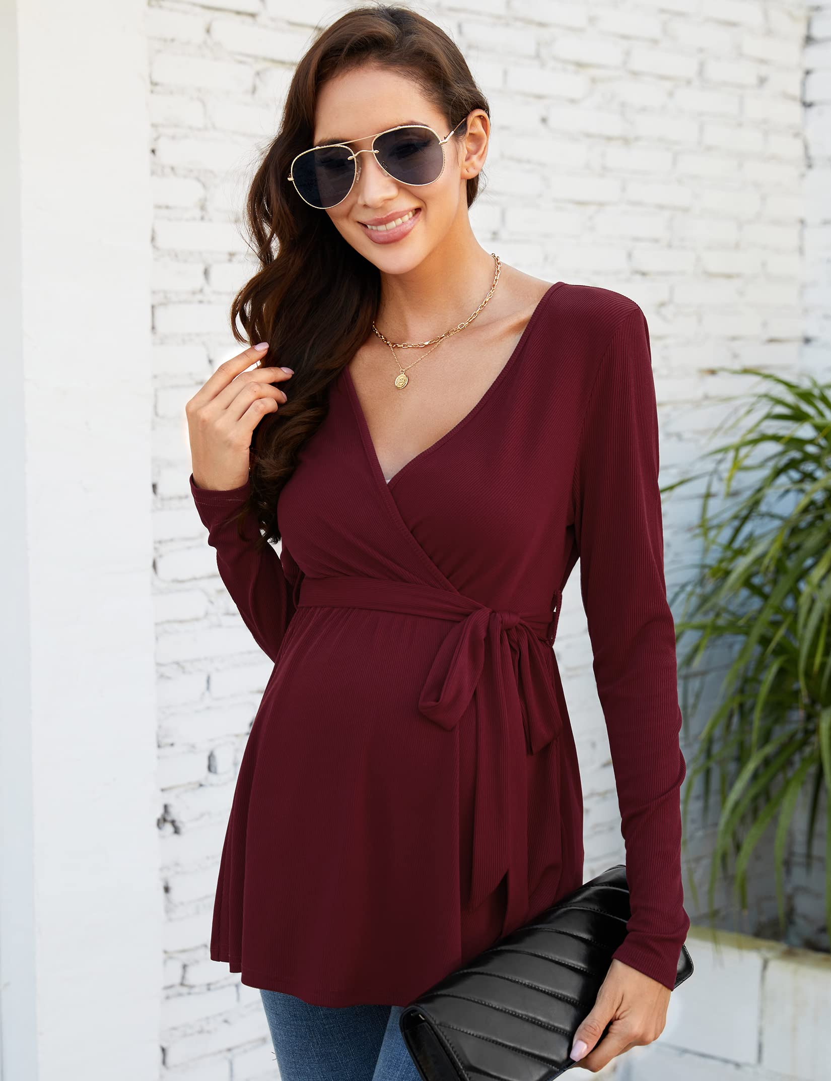 KOJOOIN Chemise d'allaitement pour Femme Chemise De Maternité Col en V À Manches Longues Hauts d'allaitement avec Ceinture Vêtements De Maternité