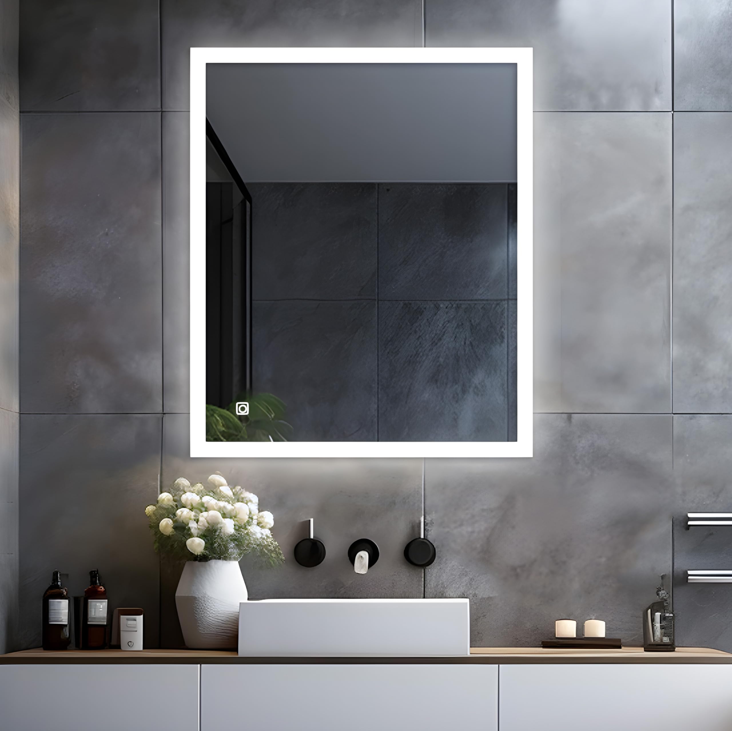 LISA Miroir de Salle de Bain LED 60 x 50 cm Grand Miroir Lumineux Salle de Bain avec éclairage 600 x 500 mm Miroir Mural avec Tactile - Blanc Froid - pour WC, Couloir - Rectangulaire