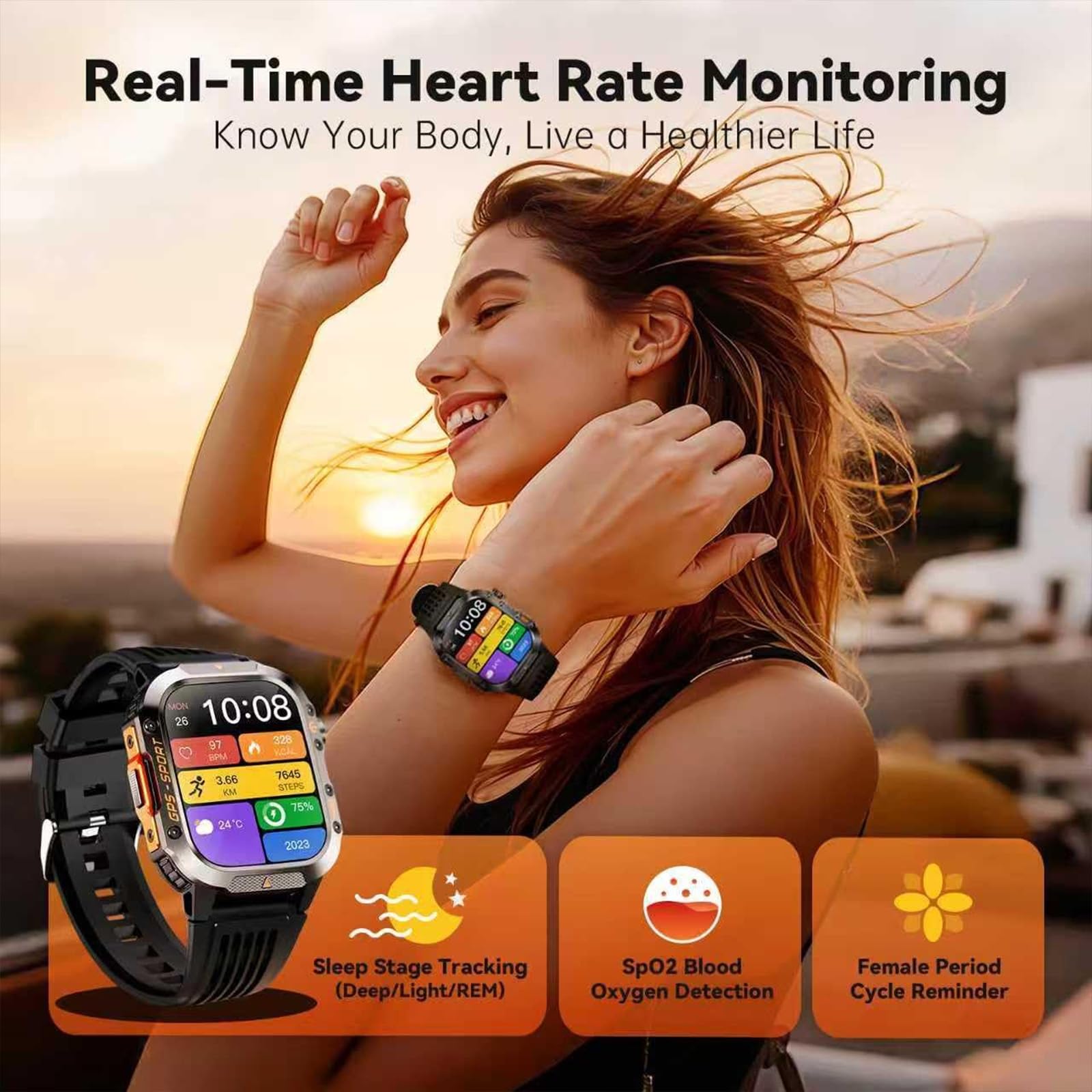 Smart watch militare con GPS integrato, smart watch tattico per iPhone/Android, oltre 100 modalità sportive con torcia, schermo da 2 pollici, Bluetooth, bussola, altimetro, frequenza cardiaca/spo2