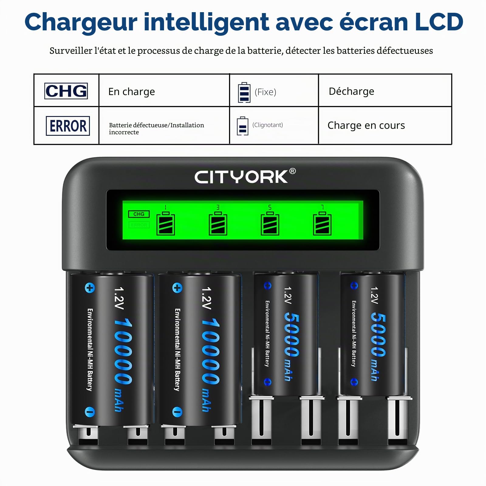 CITYORK Chargeur avec piles rechargeables D 10000 mAh 1,2 V Ni-MH, chargeur pour batterie AA/AAA/C/D, Lot de 6