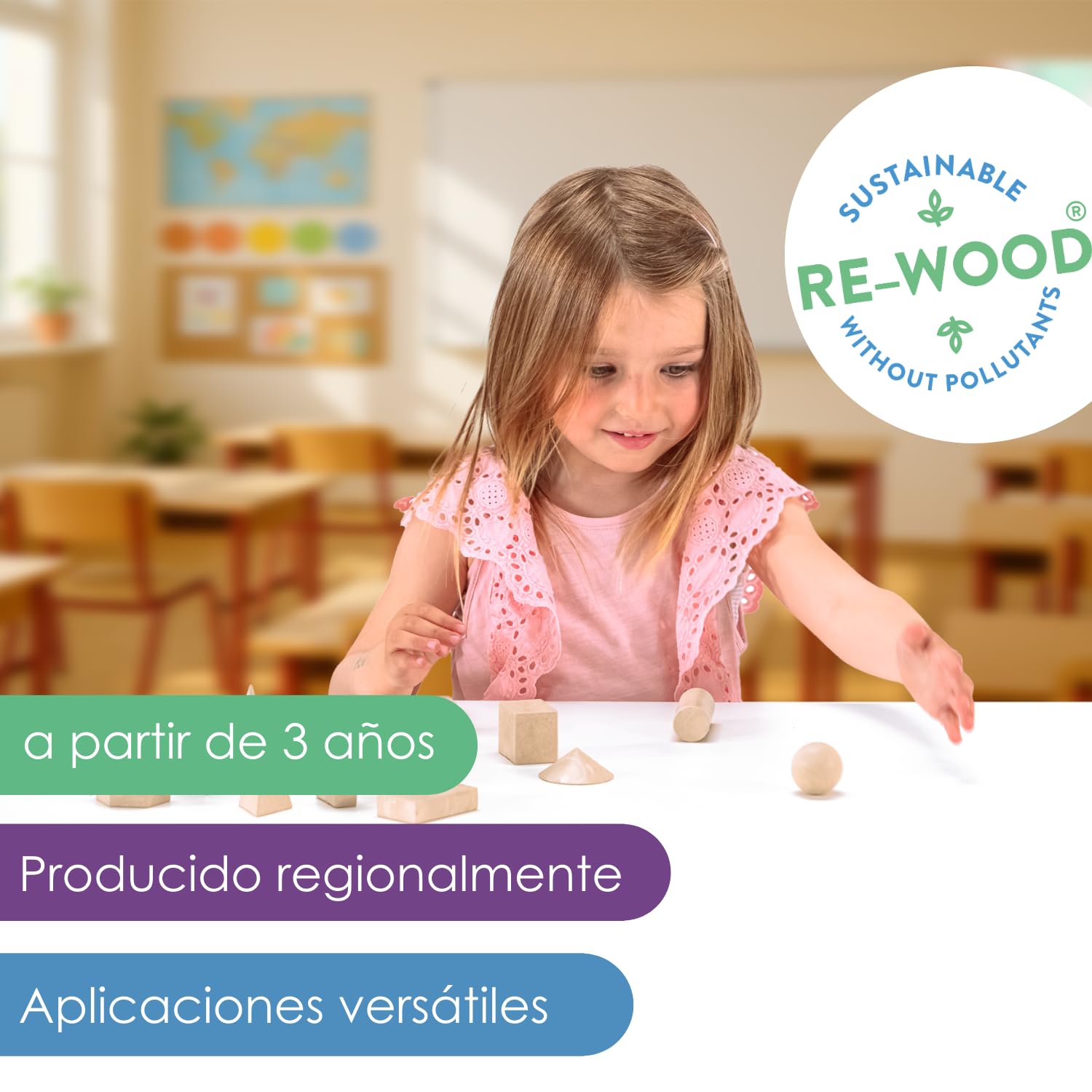 WISSNER® Aktiv lernen - 14 Figuras geométricas/Conjunto de cuerpos geométricos - de Primera a cuarta CLAS - RE-Wood®