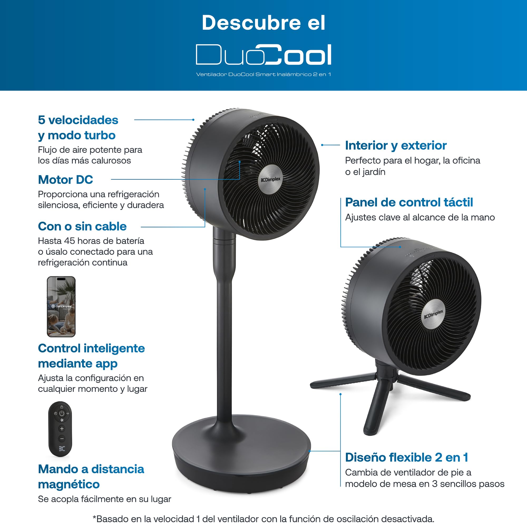 Dimplex DUOCOOL ventilador inteligente inalámbrico 2 en 1, de pie y mesa, batería 45h, 5 velocidades + turbo, alcance 20m, silencioso: 36dB, app, Google Home y Alexa, mando a distancia, negro