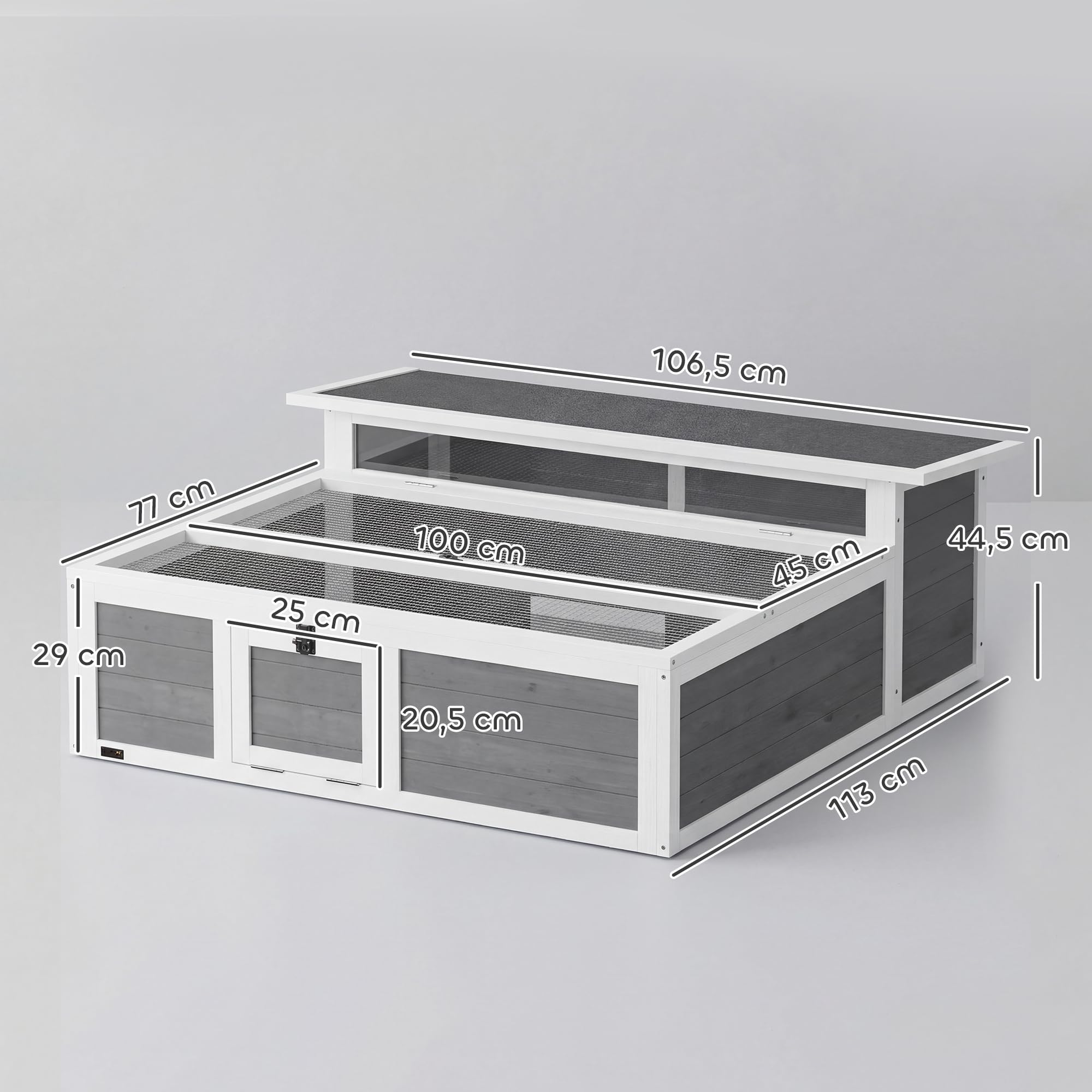 PawHut Maison Tortue Terrestre en Bois XXL 113x106,5x44,5cm - Habitat 2 Zones avec Double Toit Ouvrant Bitumé et Grillagé, Fenêtre - Enclos Tortue Hermann et Parc Lapin, Gris Foncé