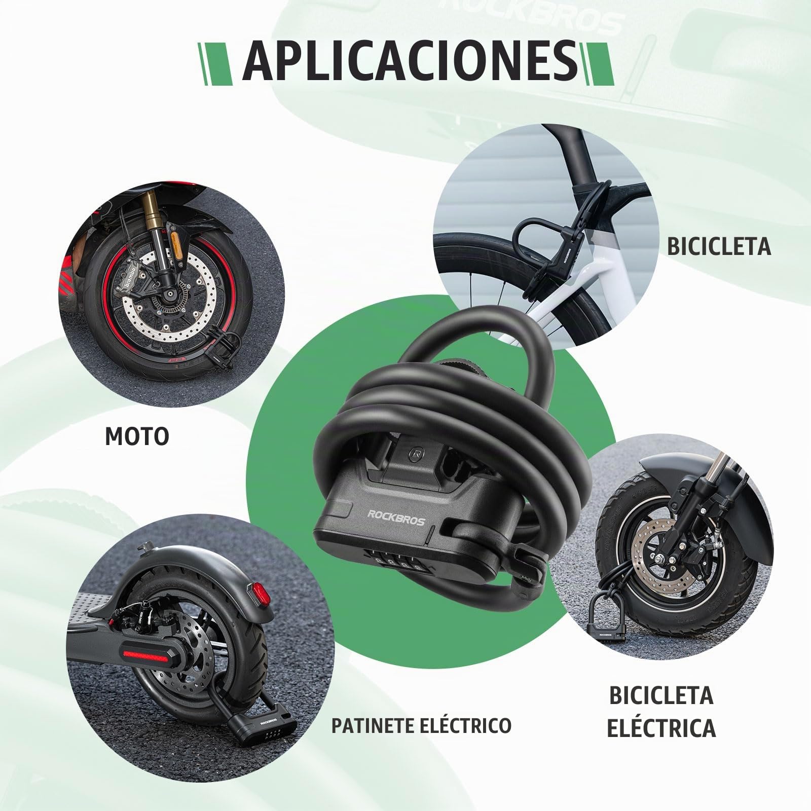 ROCKBROS Candado en U con Combinación y Cable para Bicicleta y Scooter | Antirrobo Alta Seguridad de Acero Endurecido, Flexible y Portátil para Bicicleta, Patín Eléctrico y Moto