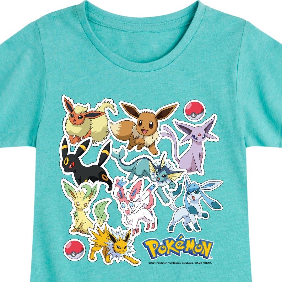 HYBRID APPAREL - Pokémon - Eevee Evolution Stickers - Youth Girls Short Sleeve Graphic T-Shirt - Size Large Turquoise3