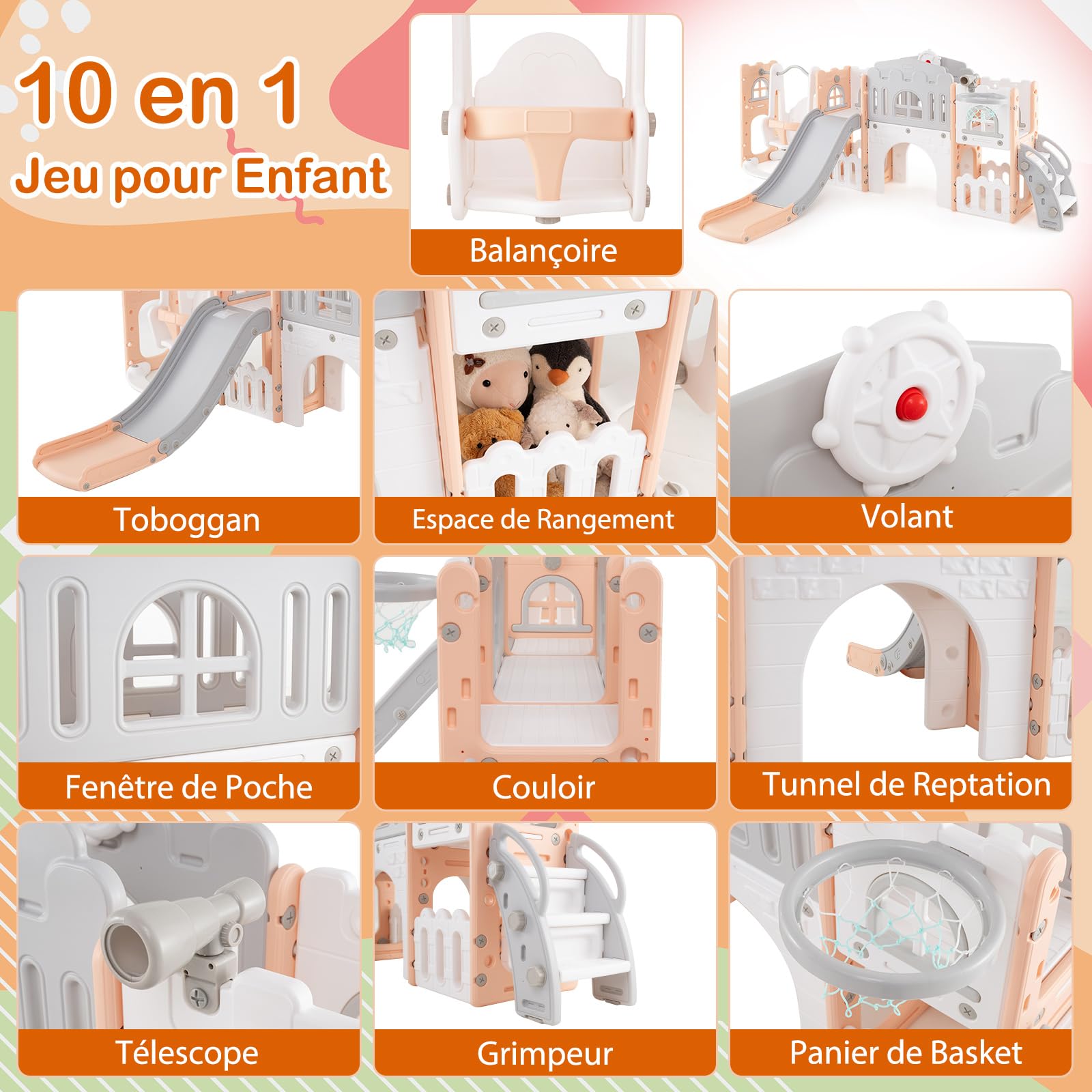 COSTWAY 10 en 1 Toboggan Enfant Pliable en HDPE avec Balançoire & Panier de Basketball, Aire de Jeux Intérieure avec Télescope & Volant & Échelle, Espace de Rangement pour Tout-Petits de 1 an+ (Rose)