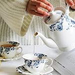 21-Piece Bone China Tea Sets for Adults, Blue and White Porcelain Tea Set for 6, Vintage Floral Tea Set with Teapot, Tea Party Sets for Women or Gift