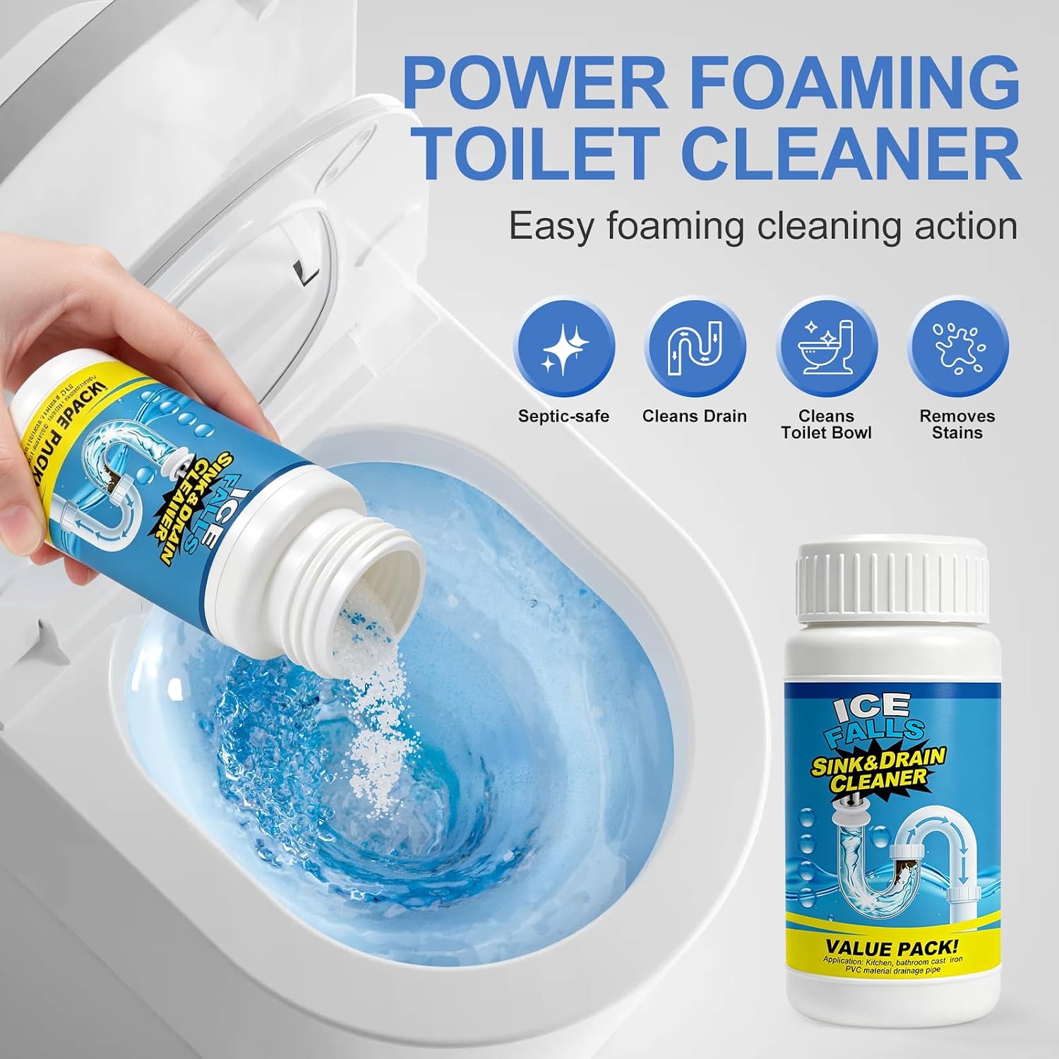 ICE FALLS Pipe Dredge，Drain Clog Remover Powder - Heavy Duty Sink & Drain Cleaner for Hair, Grease & Soap Scum, Safe for Pipes, Toilets, Bathroom & Kitchen Sinks (4PSC)