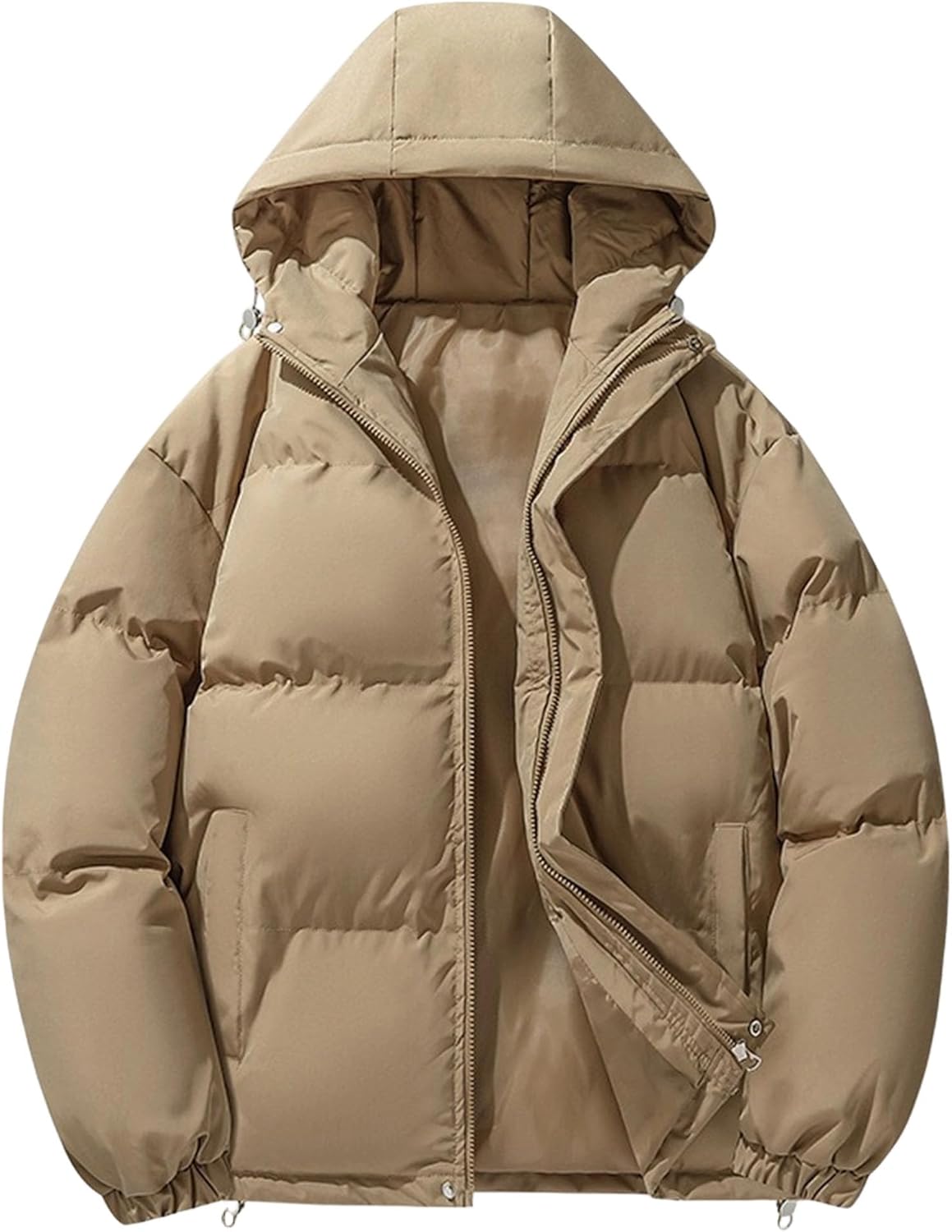 Mens Hooded Down Jacket Plus Size Loose Fit Puffer Jacket Full Zip Up Windproof Winter Jacket with Pockets