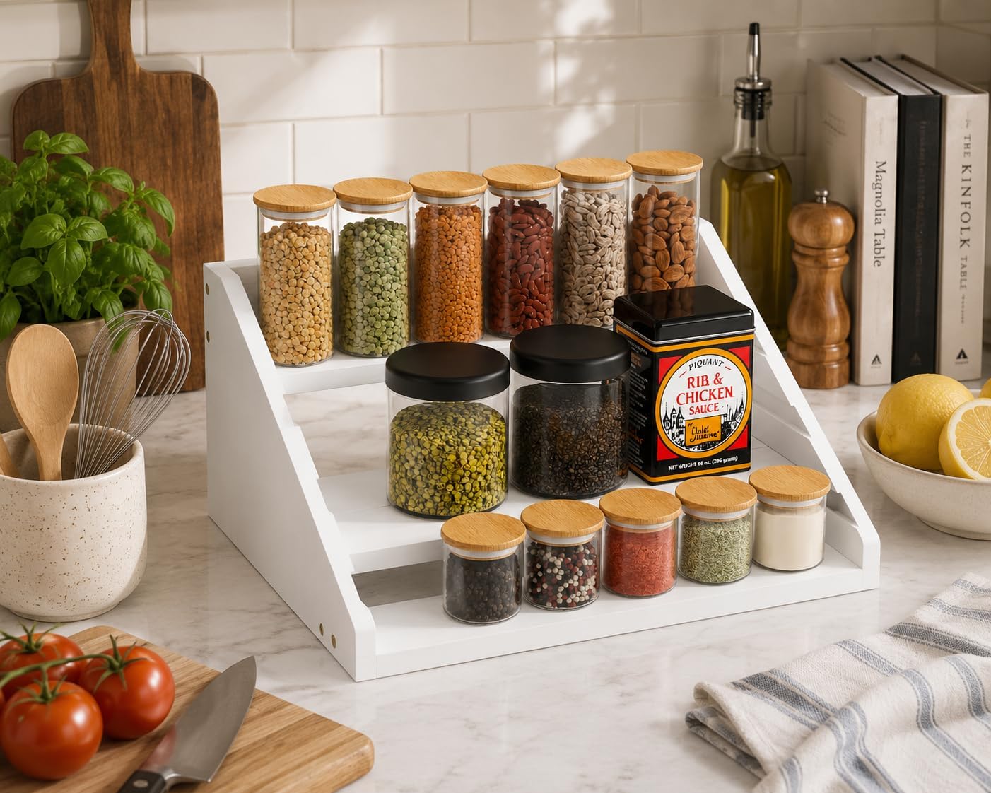 Solid Wood Spice Rack Organizer for Countertop & Cabinet, 4 Tier Adjustable Wooden Spice Shelf with Sliding Track, Premium Step Seasoning Bottle Holder for Kitchen, Cupboard, Pantry & Office, White