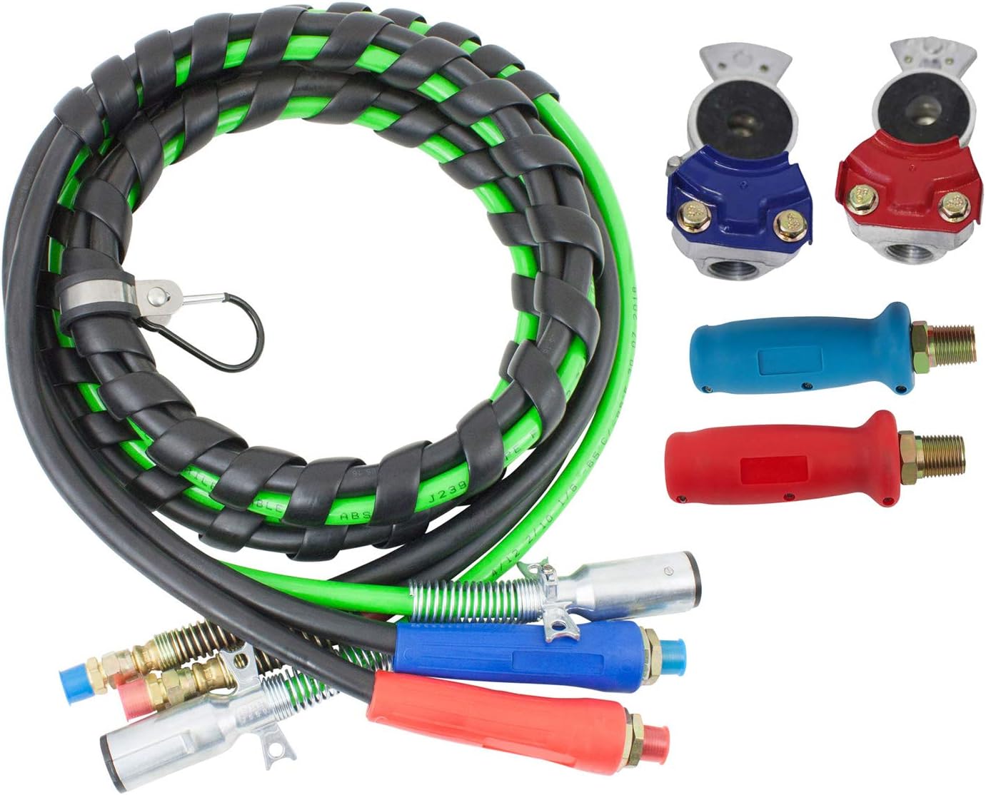 Mytee Products 12 Ft 3-in-1 ABS & Power Air Line Hose Wrap 7 Way Electrical Cable for Semi Truck Trailer Tractor w/Set of Service & Emergency (Red & Blue) Gladhands, Gladhands Extension Handle Grips