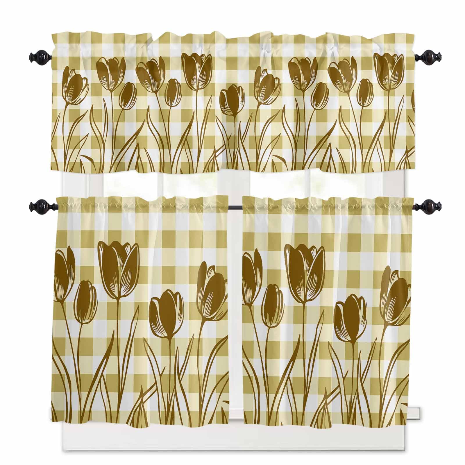 Yellow Flower Kitchen Curtains 24 Inch Length,3 Piece Rod Pocket Small Half Tiers and Valance Set,Tulip Floral Country Plaid Checkered Grid Small Large Window Treatment Decor for Bedroom/Bathroom