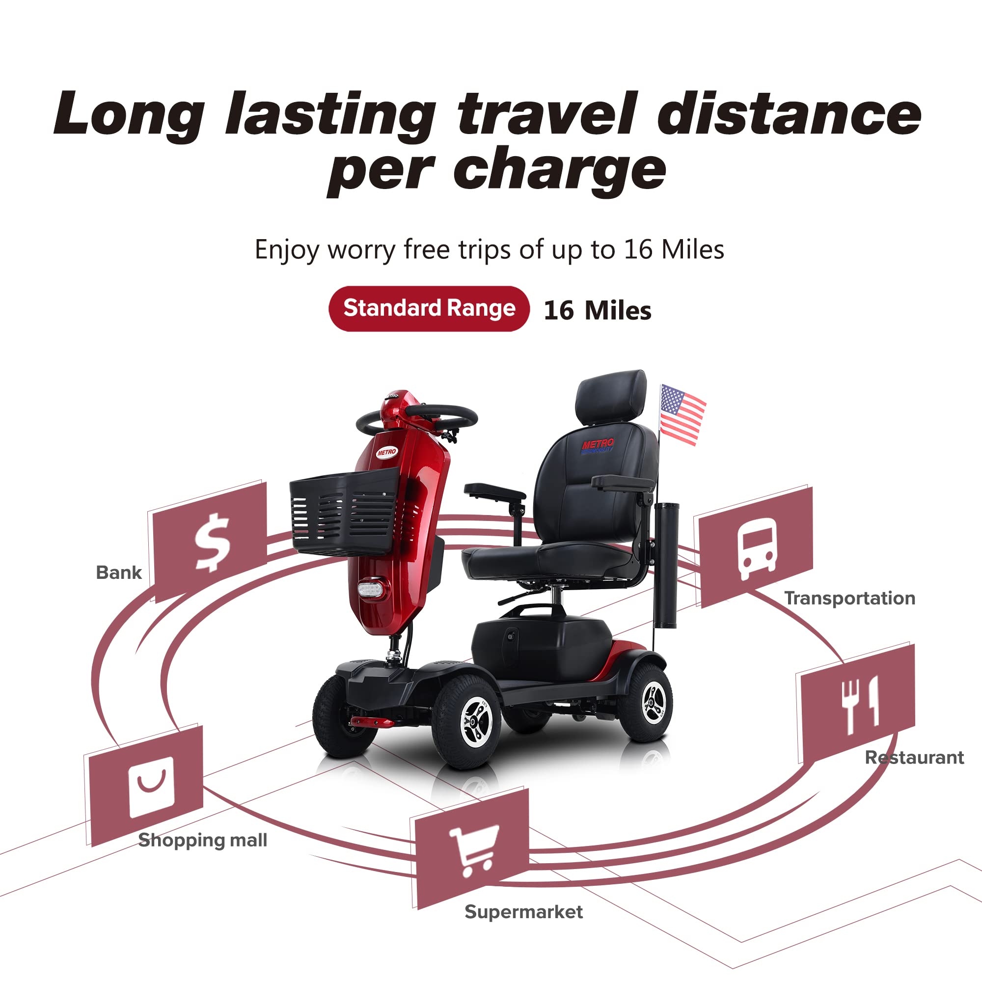 Metro Mobility 4 Wheel Foldable Mobility Scooter for Adults - 300 lbs Capacity Powered Mobility Scooters for Seniors, Travel - USB Charging Port & 2 Cup Holders - Red