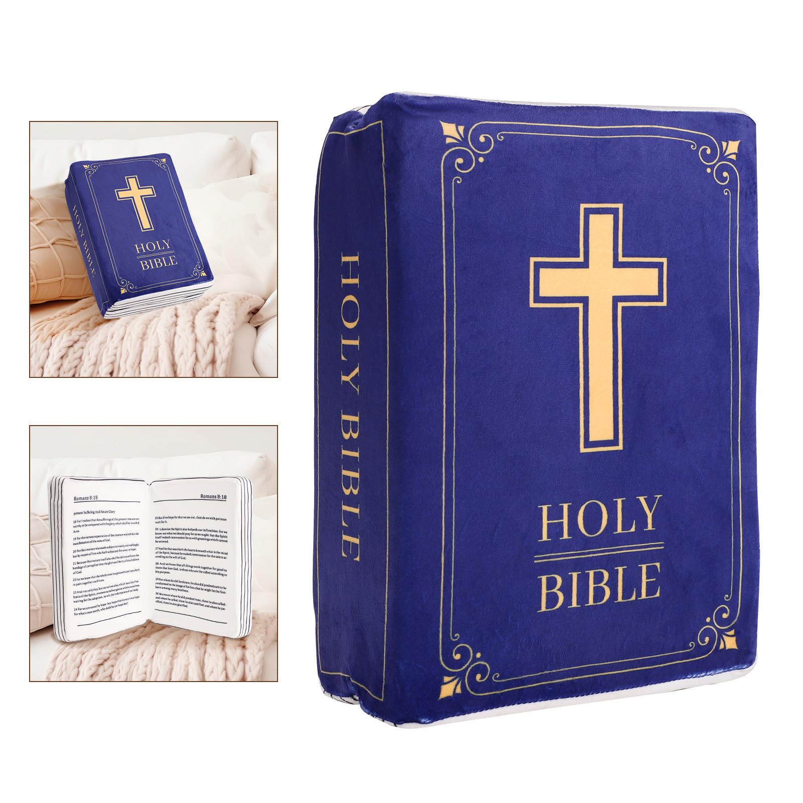 lasuroa Cuscino Bibbia, 33x22x9cm Cuscino Versetti Bibbia in Velluto che si Apre Cuscino a Forma di Libro Bomboniere Religiose Regali di Pasqua Battesimo per Donne Uomini(Blu)