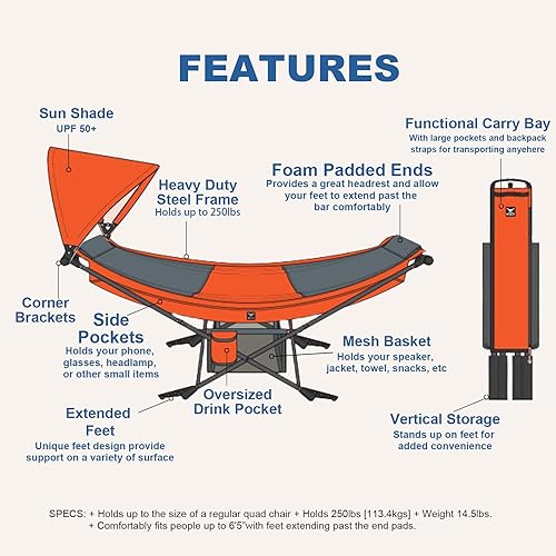 Miniatura 9 de Hamaca portátil con soporte, la mejor hamaca Mock ONE del mundo, hamaca plegable compacta enmarcada con toldo ajustable para parque, patio trasero,