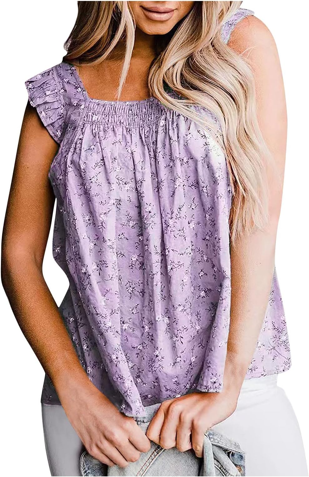Women's Floral Printed Tank Top Square Neck Over Ruffle Sleeveless Top