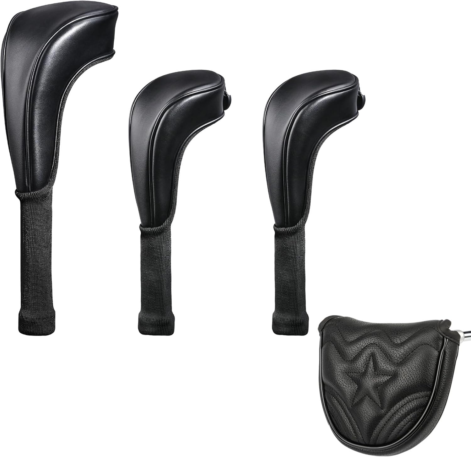 Black Golf Club Head Covers - 3pcs Golf Club Covers for Woods and Driver Fairway hybrids and Magnetic Mallet Putter Covers, PU Leather Golf Accessories Covers for Golf Clubs with Interchangeable Tags