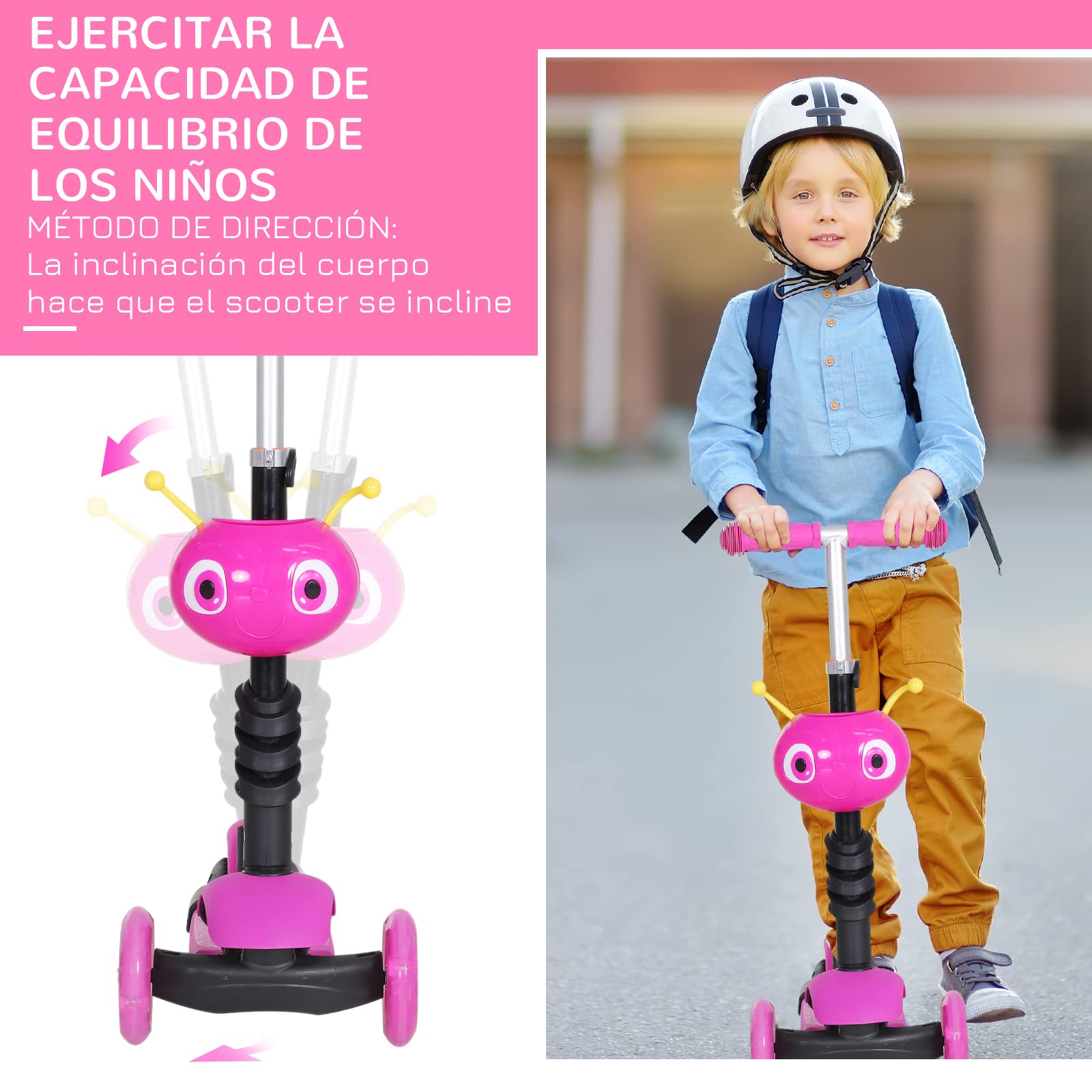 HOMCOM 3 en 1 Patinete para Niños de +18 Meses Scooter de 3 Ruedas con Asiento Extraíble Manillar Mango de Empuje Altura Ajustable 62x25x72,5 cm Rosa
