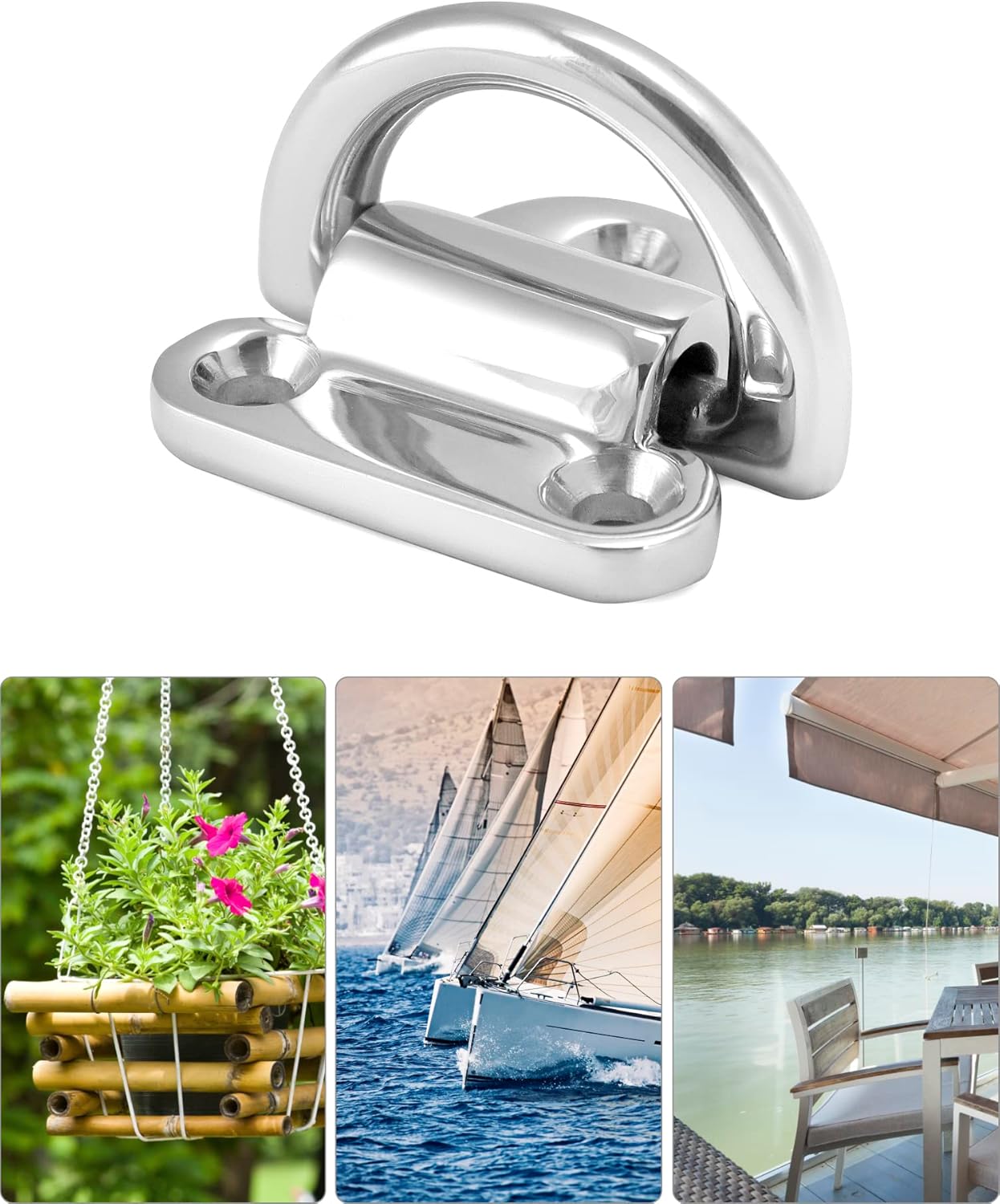 QWORK Marine Folding Pad Eye, 4 Pack Marine Grade Stainless Steel 316 D Ring Anchor, 44mm x 40mm Heavy Duty Desk Tie Down Anchor with Plate, for Marine Trailer Boats Truck