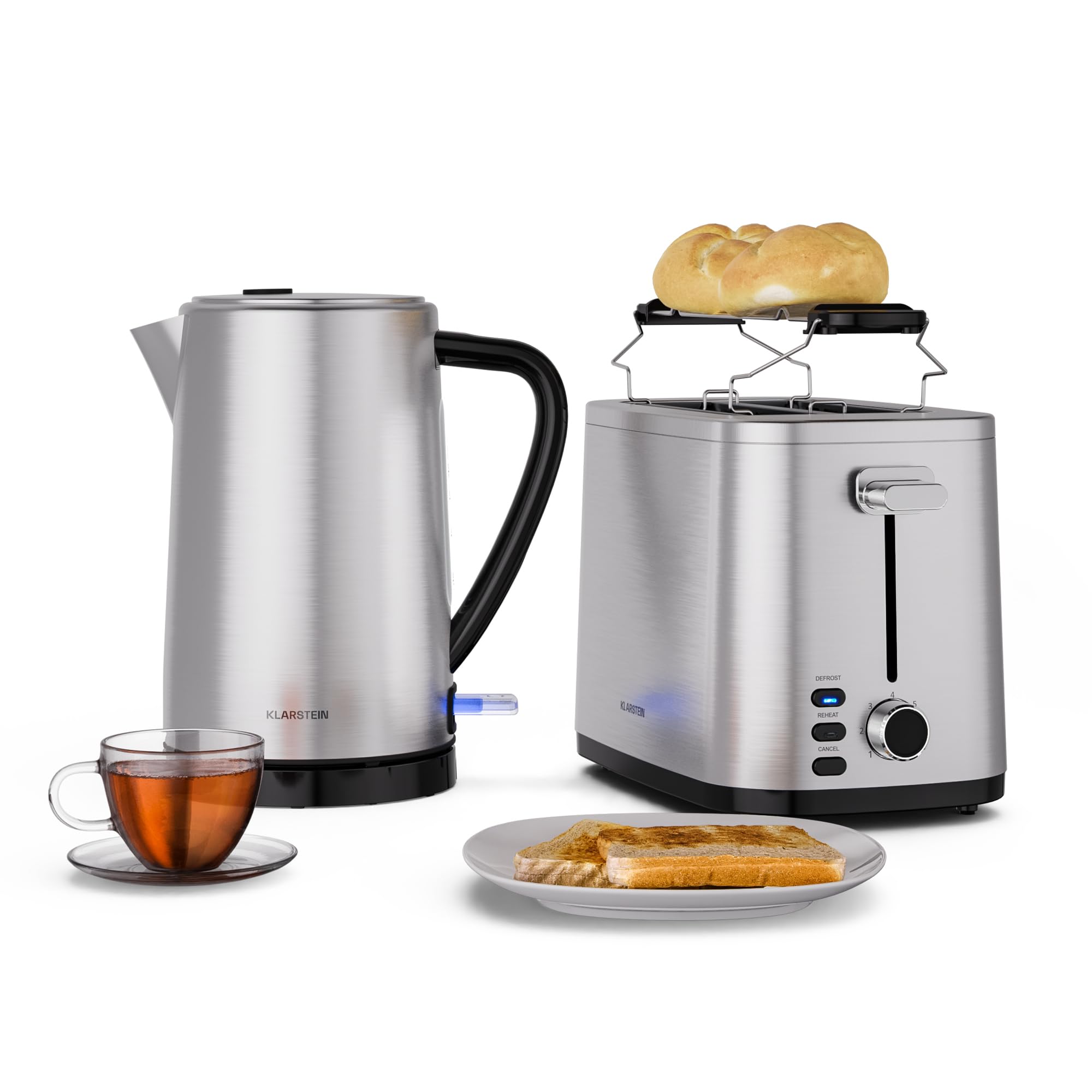 Klarstein Juego de Desayuno Esencial Verosteel - Tostadora 2 Ranuras, 7 Niveles, Bandeja Recogemigas, Soporte Panecillos, Hervidor 1.7L Acero Inoxidable, Filtro Antical, Apagado Automático