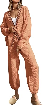 SAUKOLE Womens Two Piece Outfits Knit Sweater Sets Oversized Button Down Cardigan and Long Pants Matching Lounge Set