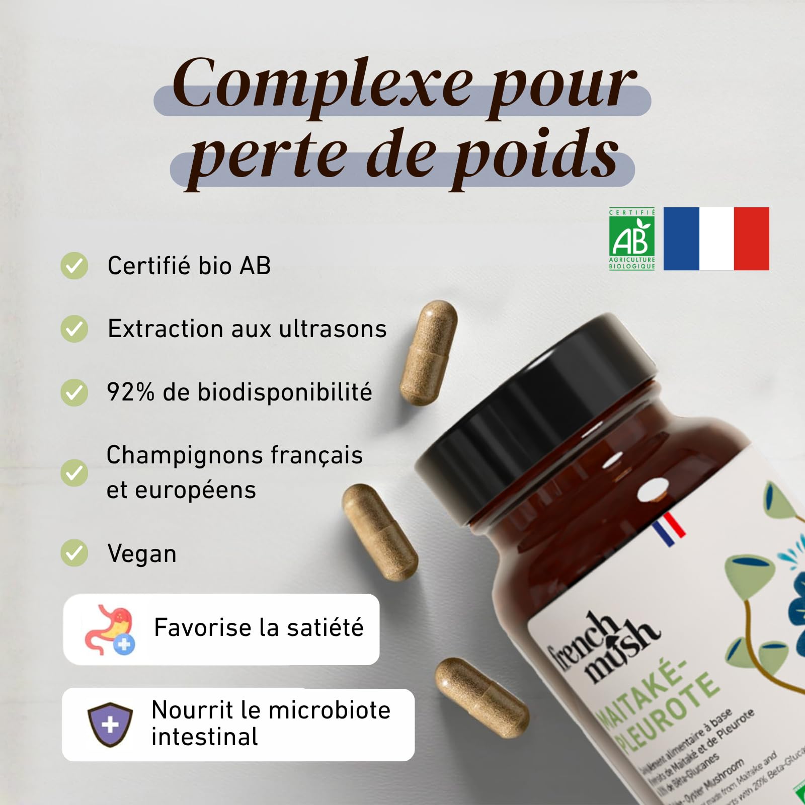 French Mush - Duo Maïtaké Pleurote Bio - 56 Gélules Vegan - Satiété, Digestion & Métabolisme - Extraits Concentrés (20% Bêta-Glucanes) - 2 Gélules/Jour - 100% Bio & Fabriqué en France