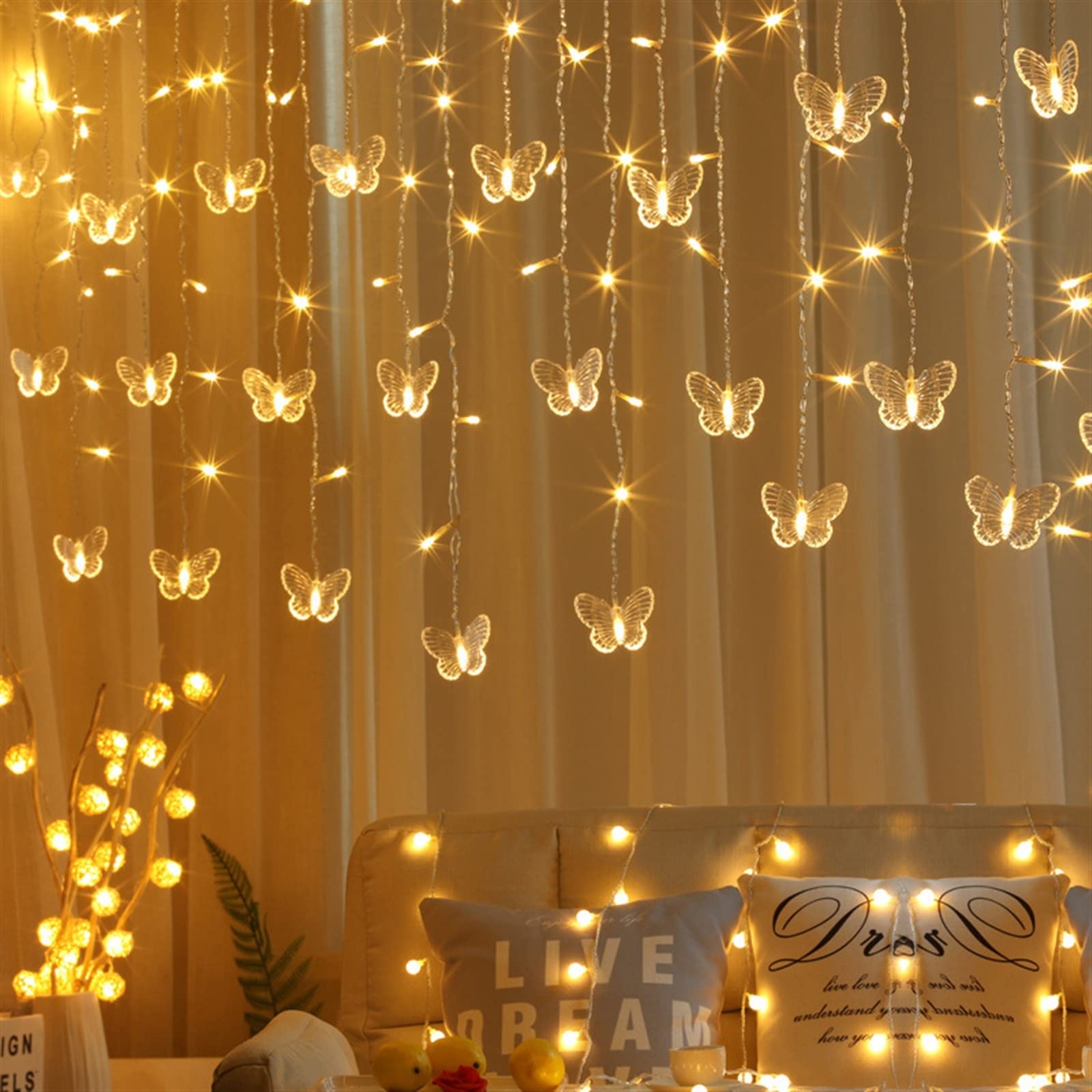 MQQYLBHDS LED Butterfly Led String Garland Wedding Home Decor Lighting Light Night Waterproof Curtain Holiday Lamps 3.5m (Color : USB Plug, Emitting Color : Warm)
