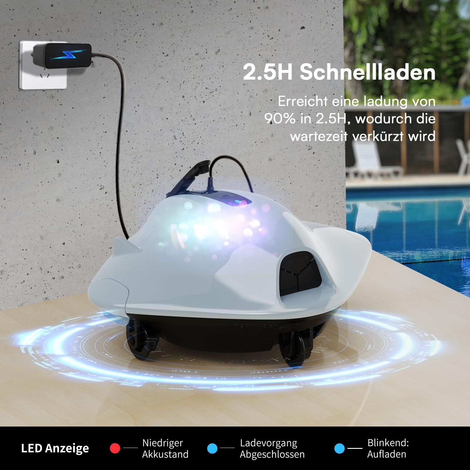PoolMr Poolroboter Kabellos Poolsauger Akku 40W Power & 90 Min Laufzeit - Saugroboter Pool Mit Doppelfiltersystem & Hindernis-Überwindung für Ebene Pools Bis 149 ㎡ Reinigt Effektiv Blätter & Schlamm