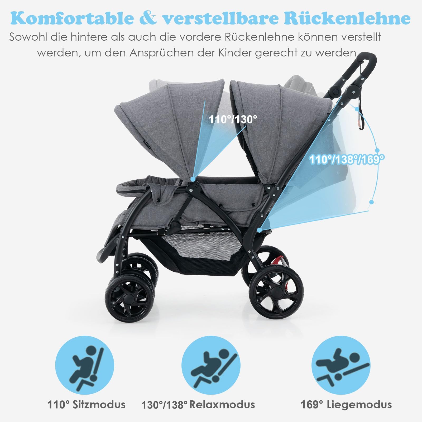 FANTASK Geschwisterwagen klappbar Zwillingswagen verstellbare Rückenlehne Verdeck Baby ab 6 Monate 30 kg Belastbar Grau