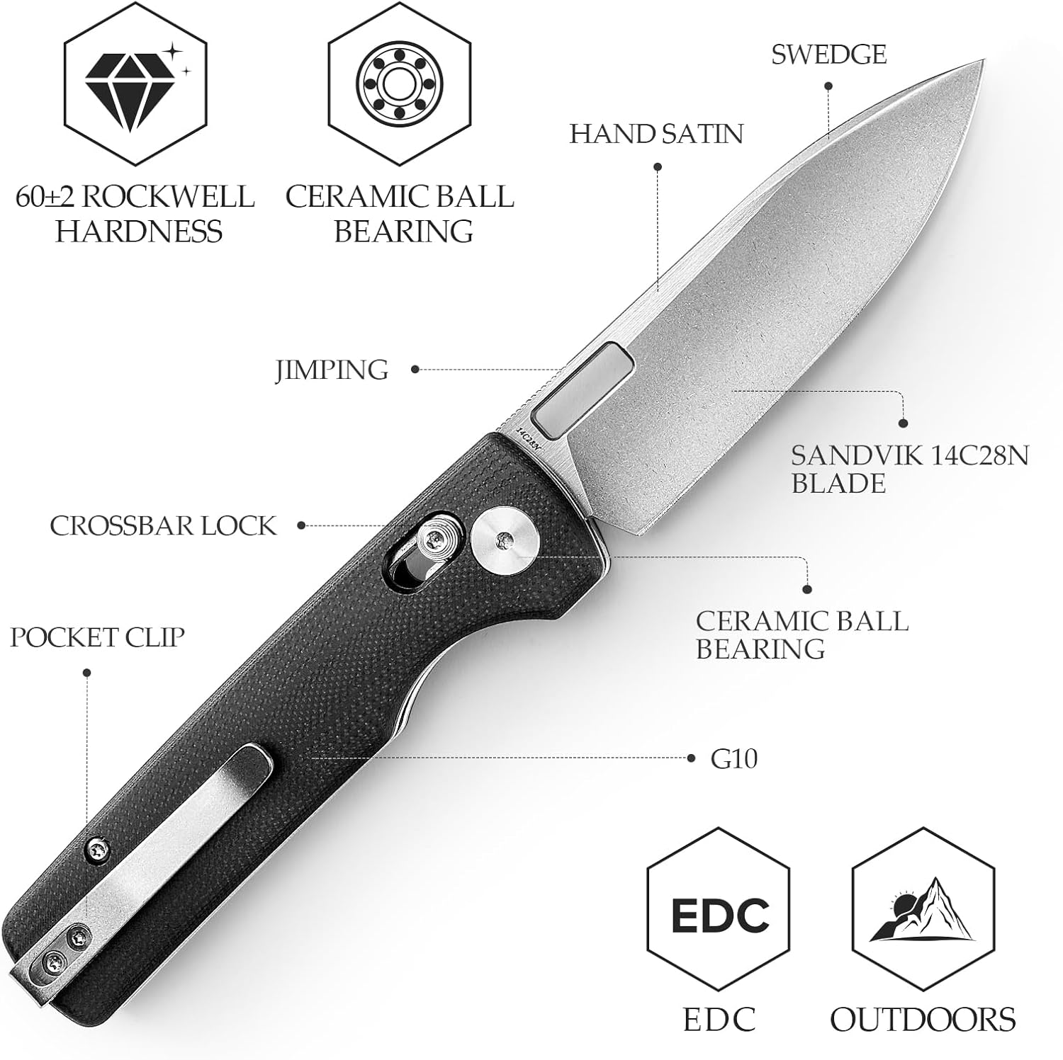 TRIVISA Folding Pocket Knife,3.4'' 14C28N Steel Blade G10 Handle EDC Knives with Crossbar Lock Pocket Clip for Men Women Camping Survival Hiking,Sabretooth-BG