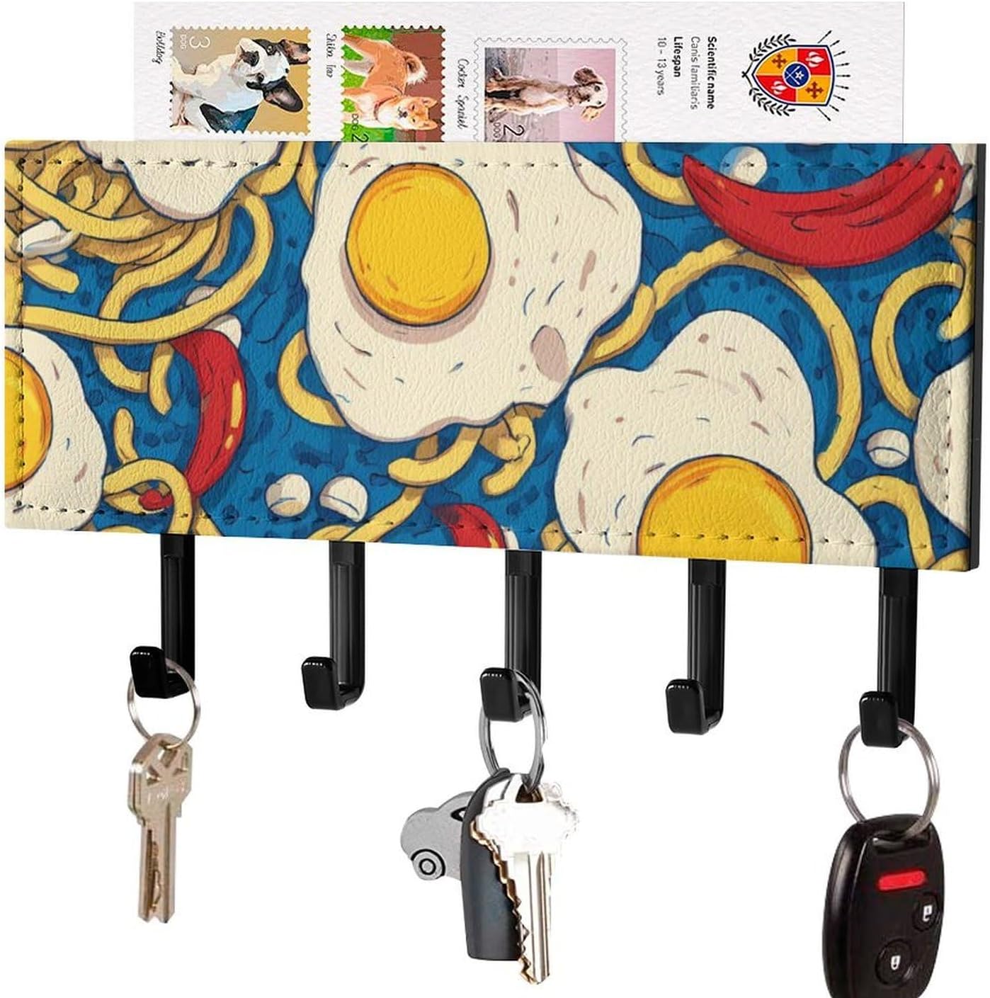 Noodles Eggs Chilis Food Wall Mounted Mail Key Holder 5 Hooks Organizer Shelf for Entryway Mudroom Hallway Kitchen