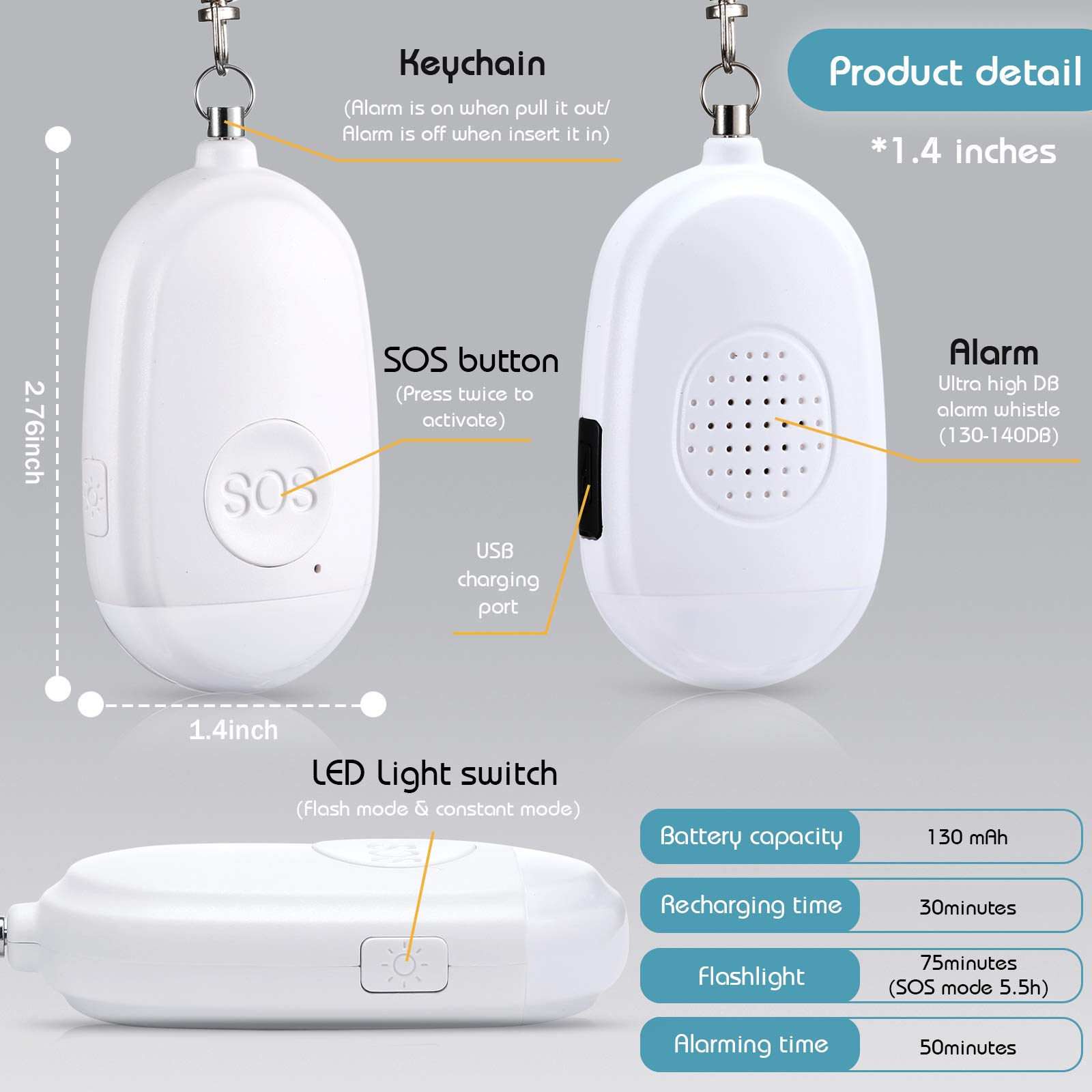 Amazon.com: 4 Pieces Personal Security Alarm Keychain 130 db Safety Alarm  Self Siren Song Keychain with USB Rechargeable LED Flashlight for Women  Kids Children Elders Men : Electronics