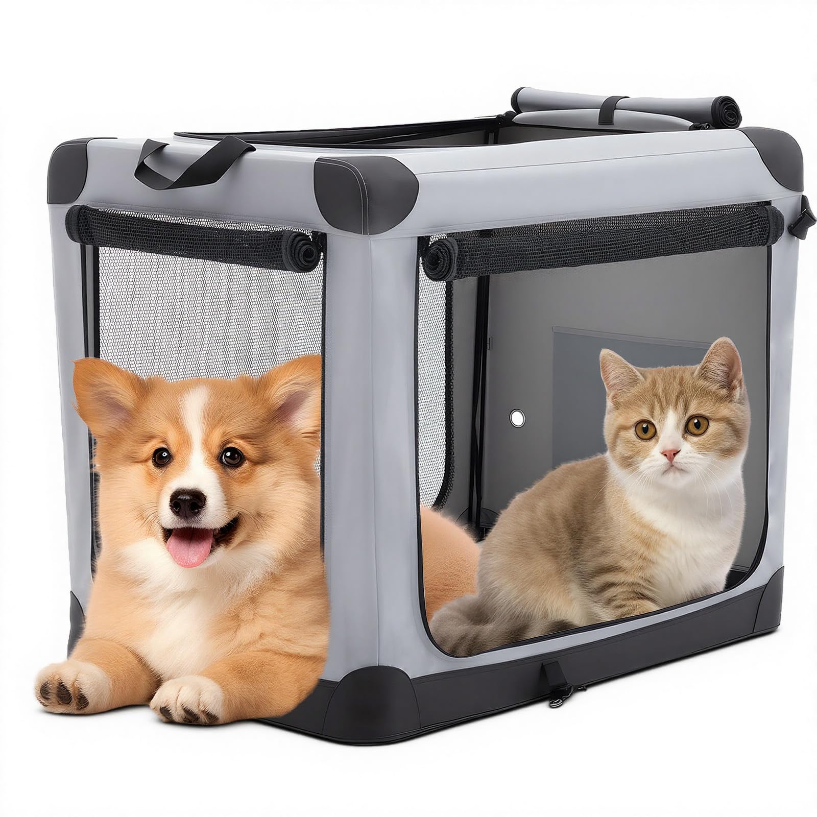 DUMOS Dog Crate 24 Inch Travel Cat Pet Carrier for Small Dog, Portable Foldable Soft Pet Airline Approved Crate with Storage Bag & Washable Pad for Indoor Outdoor Dog Kennel Carrier (S-30lbs, Grey)