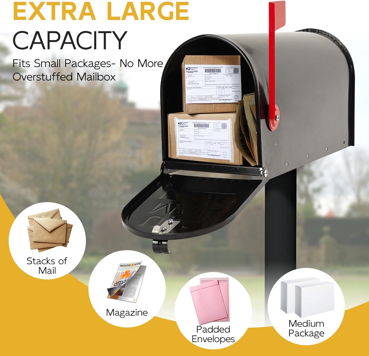 Large Mailboxes for Outside, Black Galvanized Steel Post Mount Mailboxes, Rust-Resistant Large Capacity Metal Mail Boxes for House Outside, 22 x 10.7 x 8.9 inches